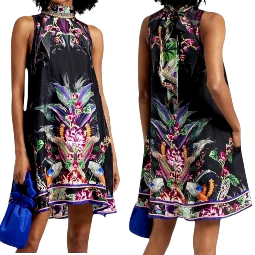CAMILLA Paradiso Place Silk Necktie Halter Dress XS Crystal Embellished Floral