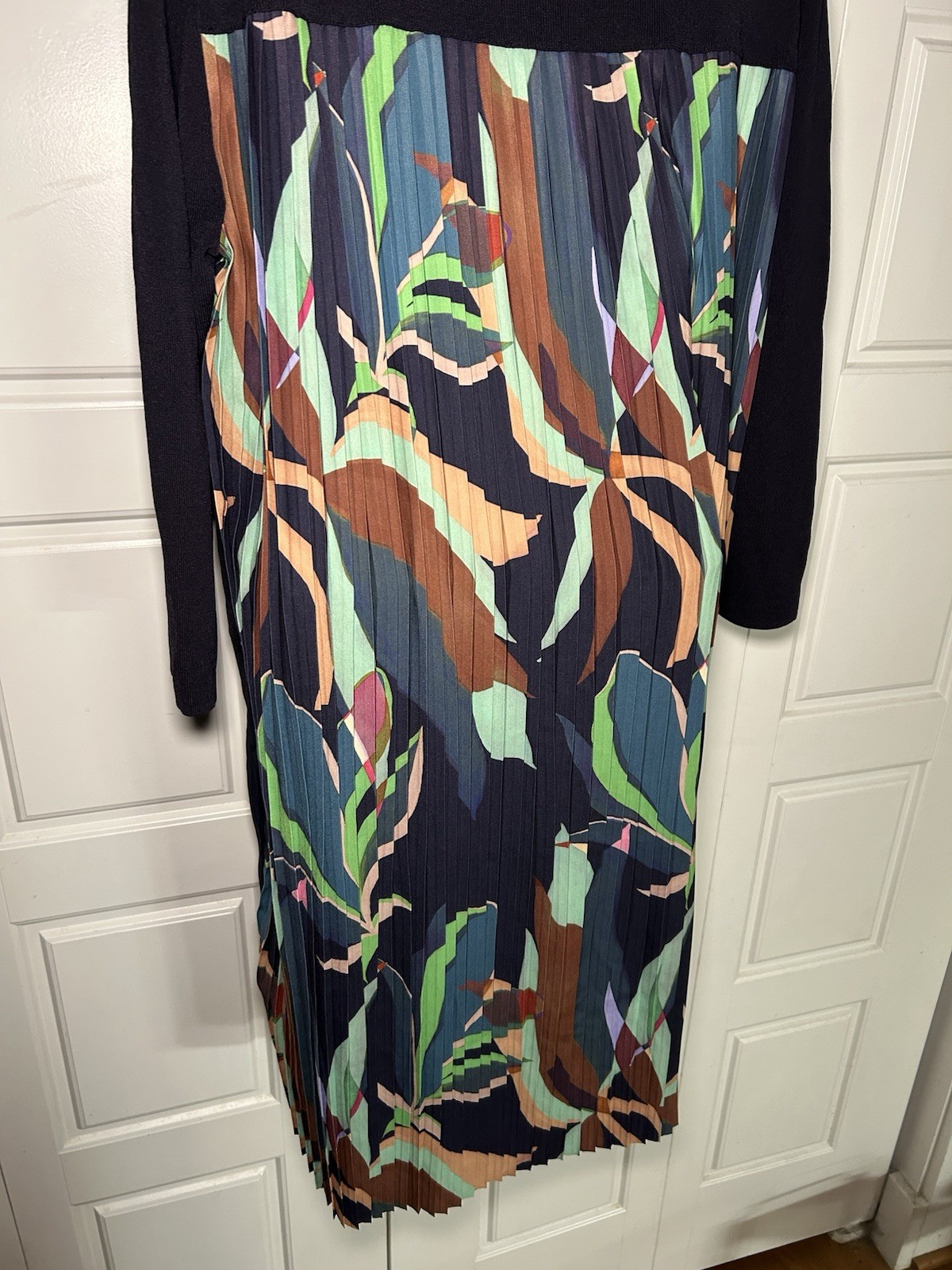 Pleated Midi Dress Ted Baker Navy Tropical Leaf Print Mixed Media Knit Sz 5/12