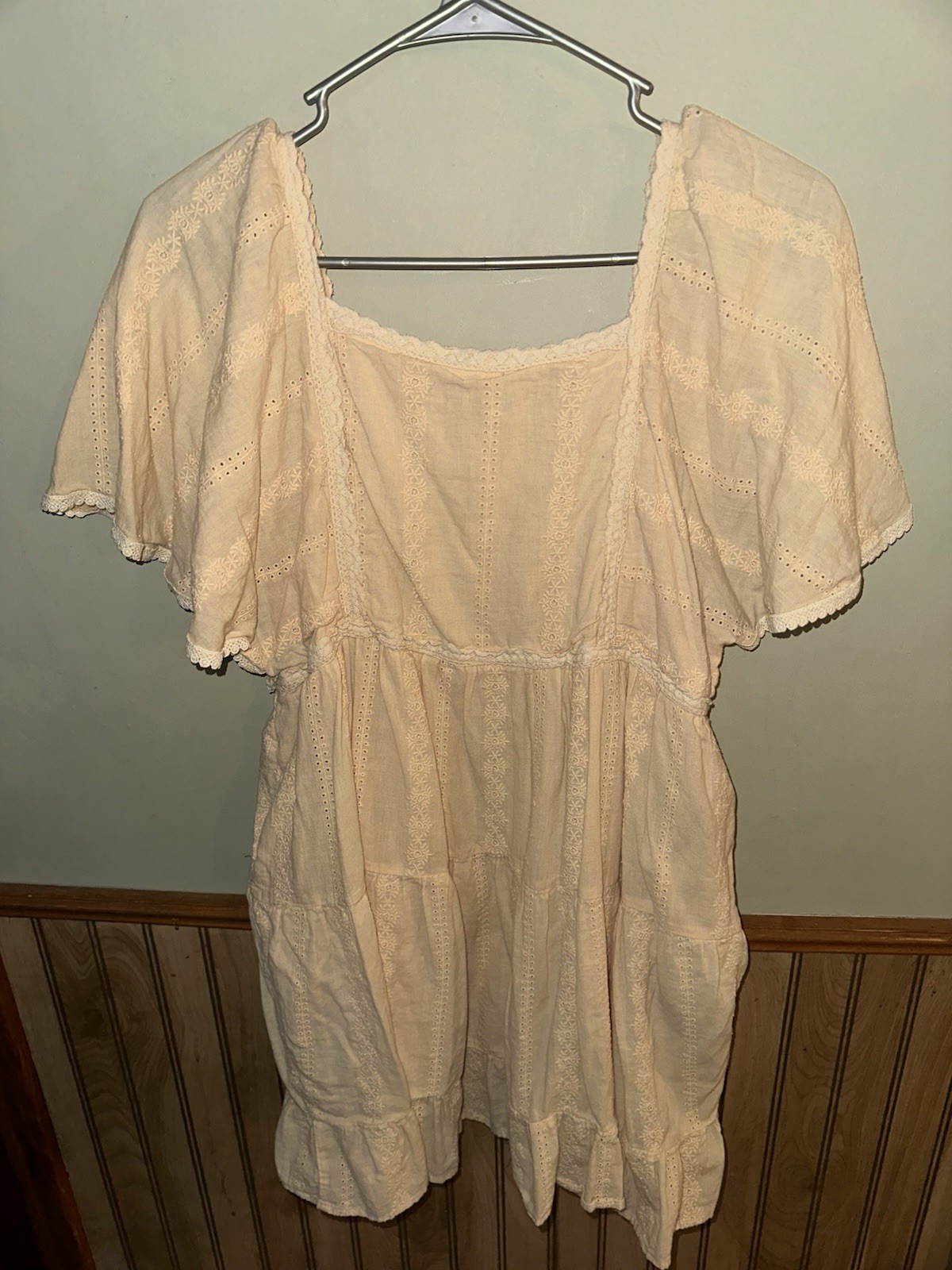 Altar’d State Beige Lace Ruffle Square Neck Flutter Sleeve Mini Dress M