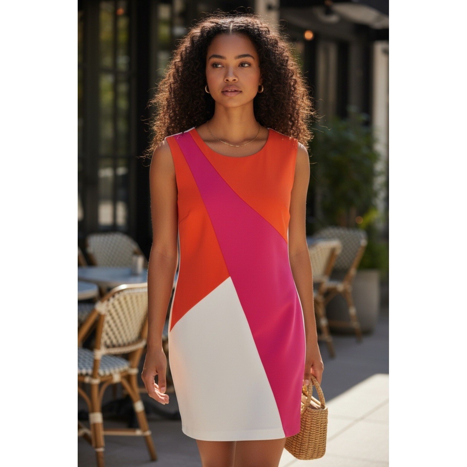 Neiman Marcus Womens Colorblock Sheath Dress Orange Pink White Size 6 D3075