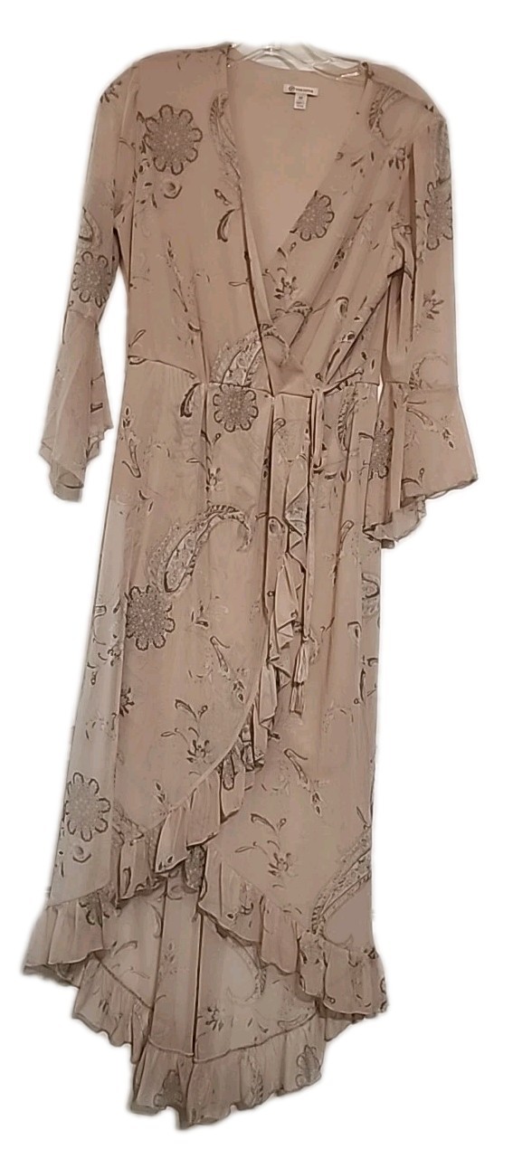 Versona Mini Dress Small Peach Floral Faux Wrap Over 1/2 Sheer Ruffle Sleeve