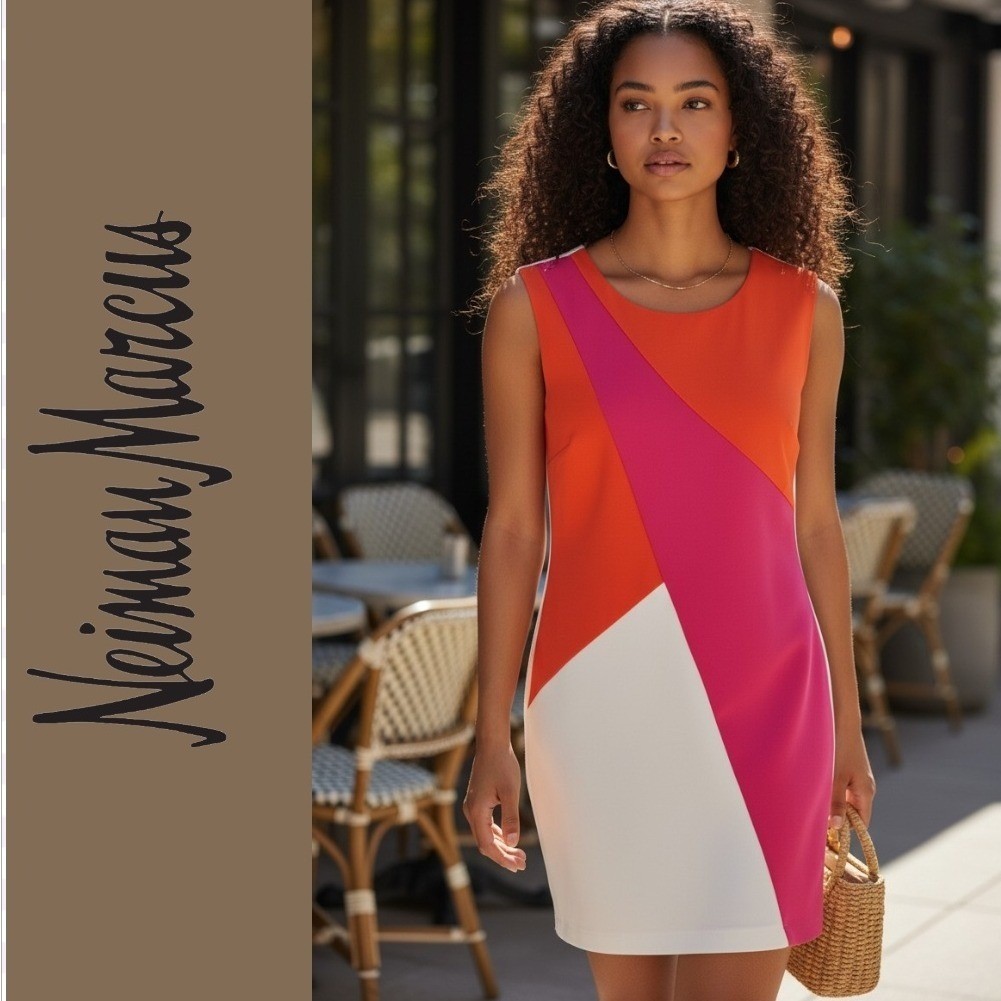 Neiman Marcus Womens Colorblock Sheath Dress Orange Pink White Size 6 D3075