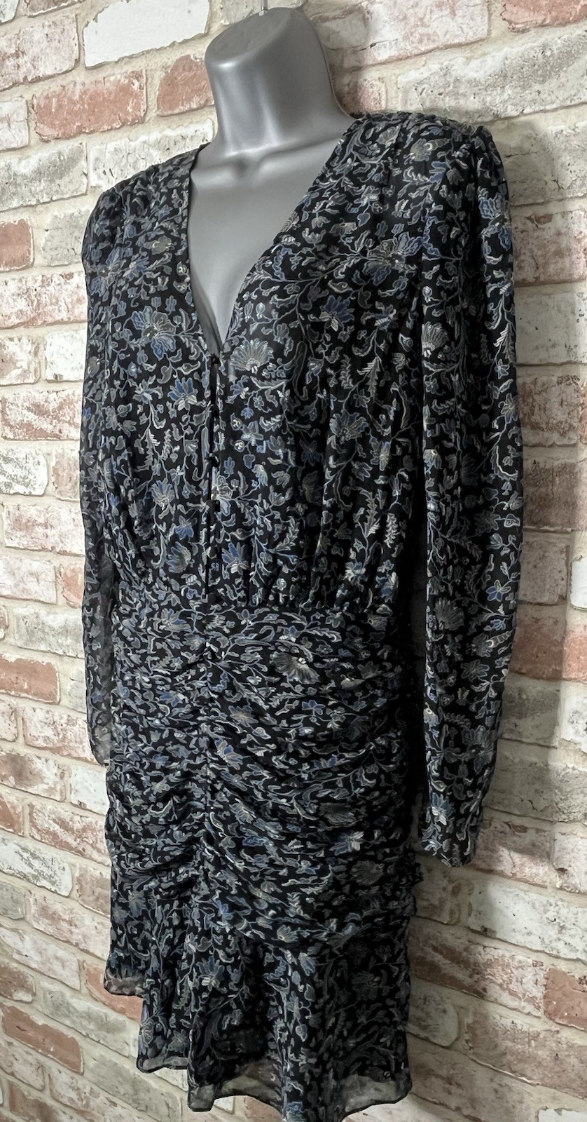 VERONICA BEARD Blue Floral 100% Silk Ruched Bell Sleeve Ruffle Dress Size 2 $595