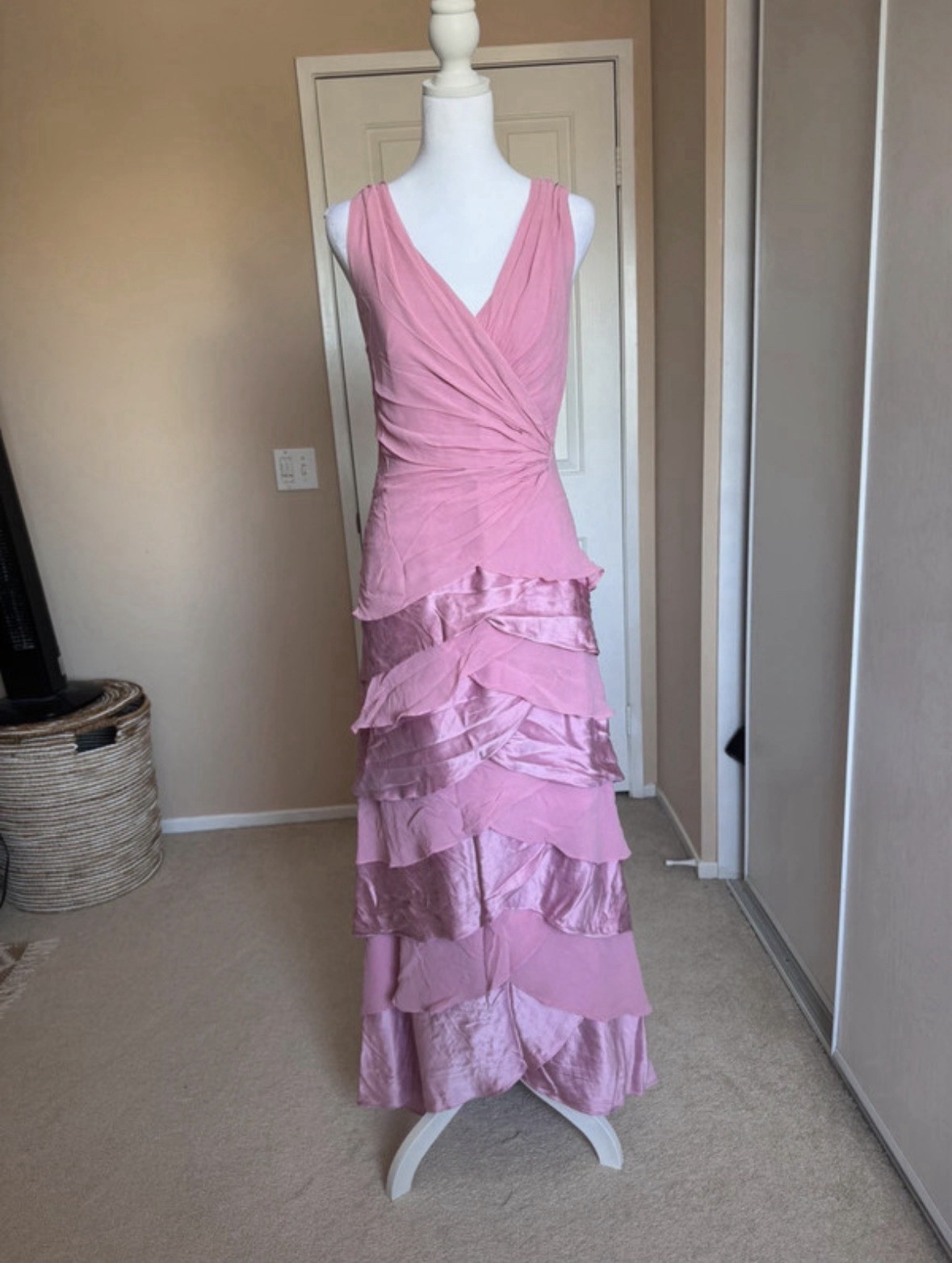 Js Boutique Pink Satin Chiffon Tiered Ruffled Gown V Neck Sz M Fairy Wedding