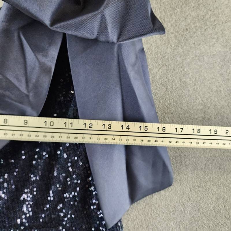 Aqua Formal Long Allover Sequined Bow Dress Women’s 12 Navy Asymmetrical Neck