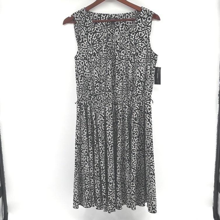 Alfani Black White Print Sleeveless Midi Dress Sz 14 Office Church Classic NEW