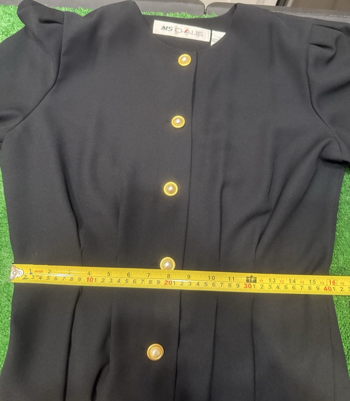 MS Chaus Pearl Button Front Sheath Career Midi Dress Long Sleeves Sz 10 Black