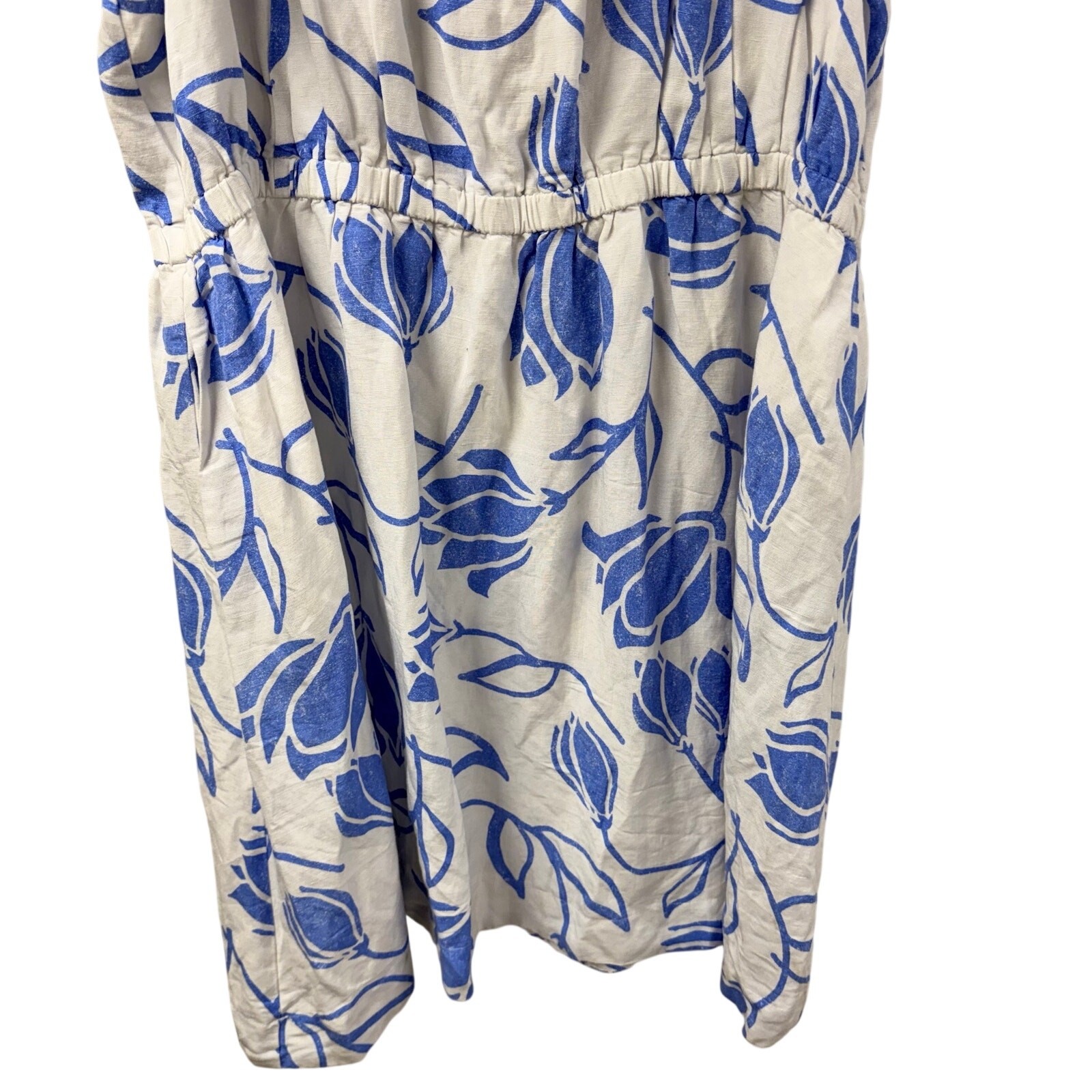 Lane Bryant Floral Dress 22 Ruffle Sleeve Tie Back Blue White Linen Blend