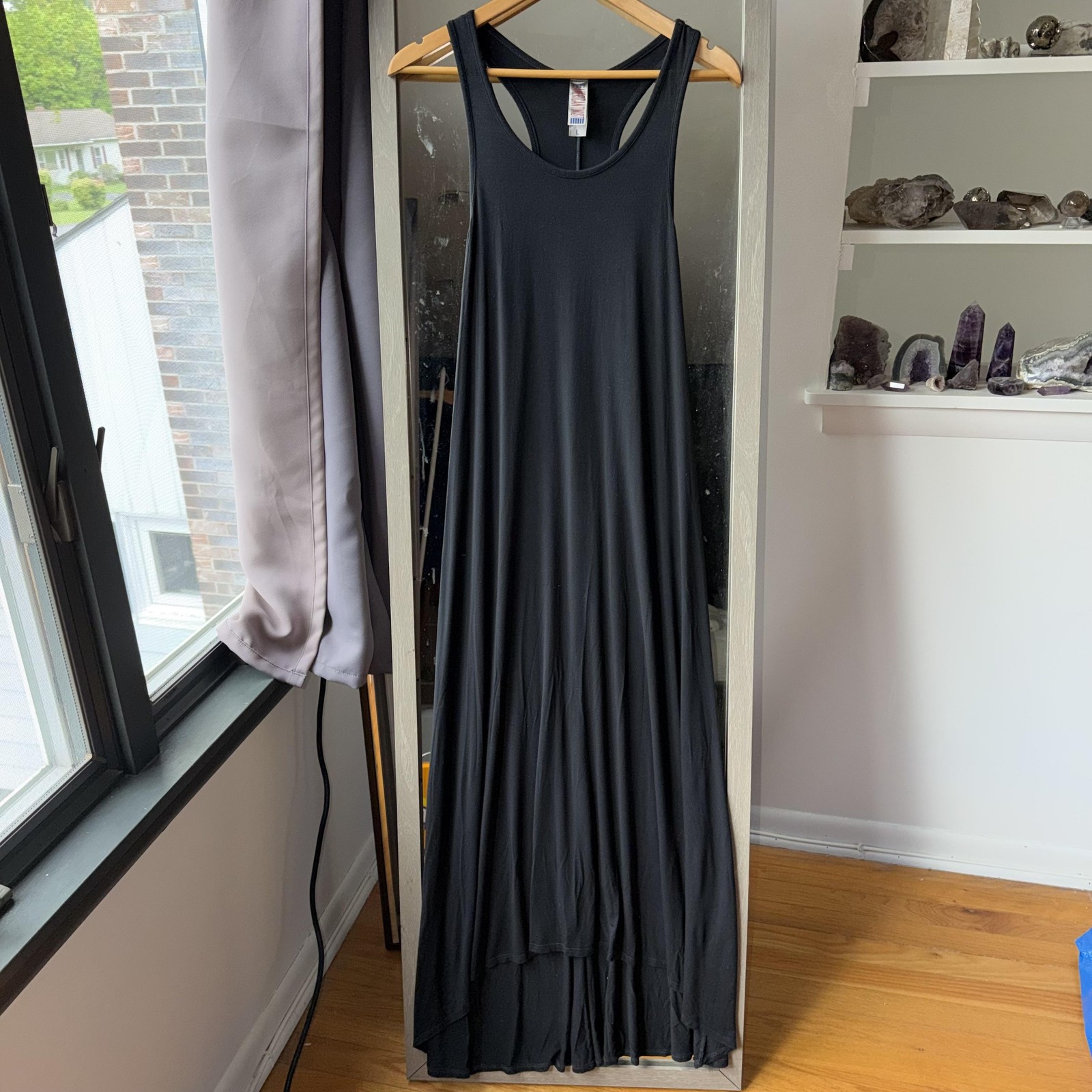 American Twist Dress L Black Hi Low Maxi Tank Racerback Stretch Minimalist Flowy