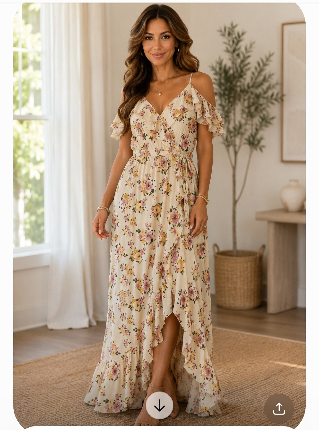 Blush Beige Floral Chiffon Cold Shoulder V-Neck Ruffle Maxi Dress Size xl