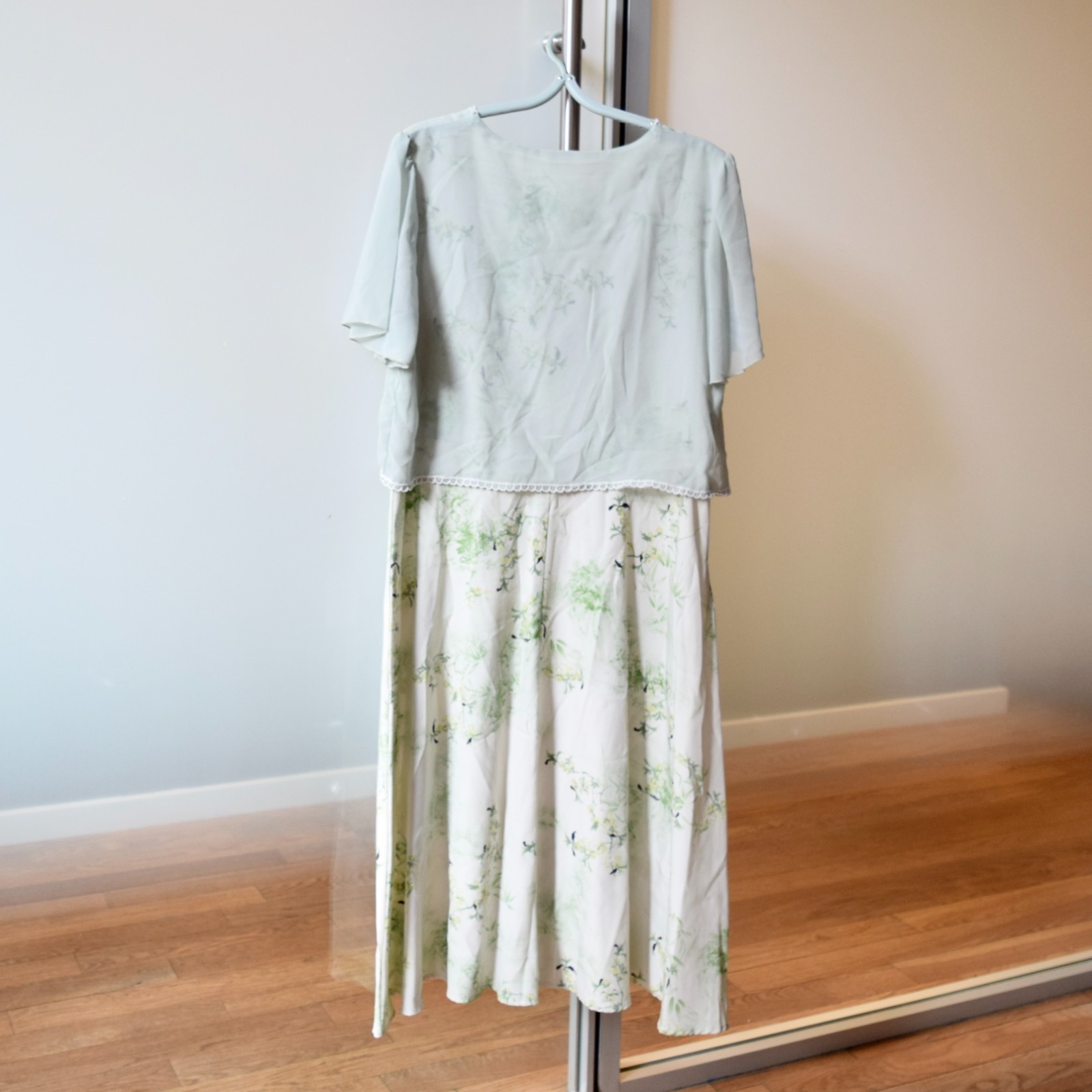 Green Flora Chiffon Qipao – Patchwork Faux Two Piece Dress