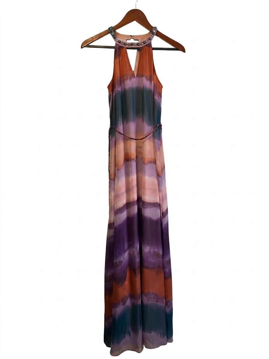 Jessica Simpson Halter Maxi Dress Watercolor Purple Orange Beaded Neckline XS