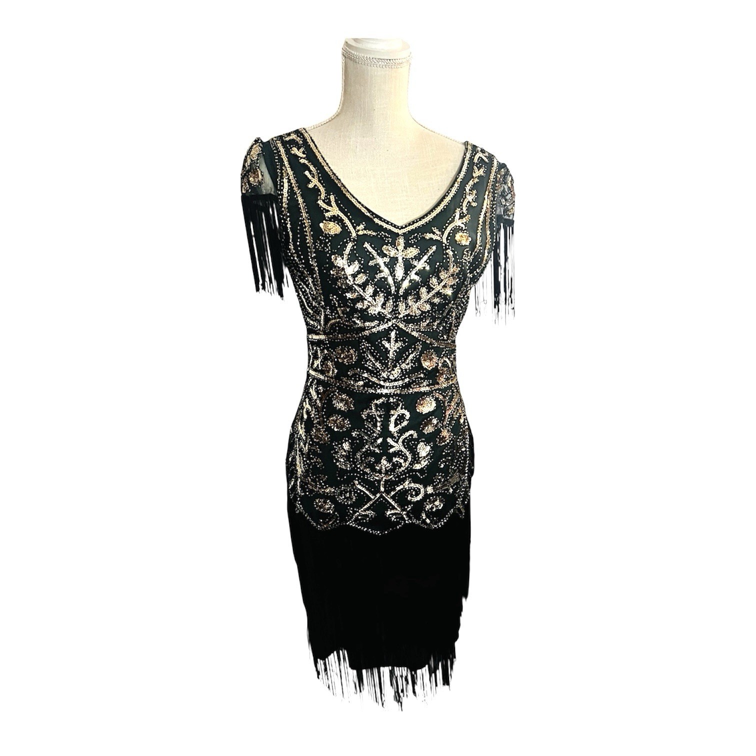 Emerald Green Sequin Flapper Art Deco Dress Green Black Gatsby 1920s Party Sz M