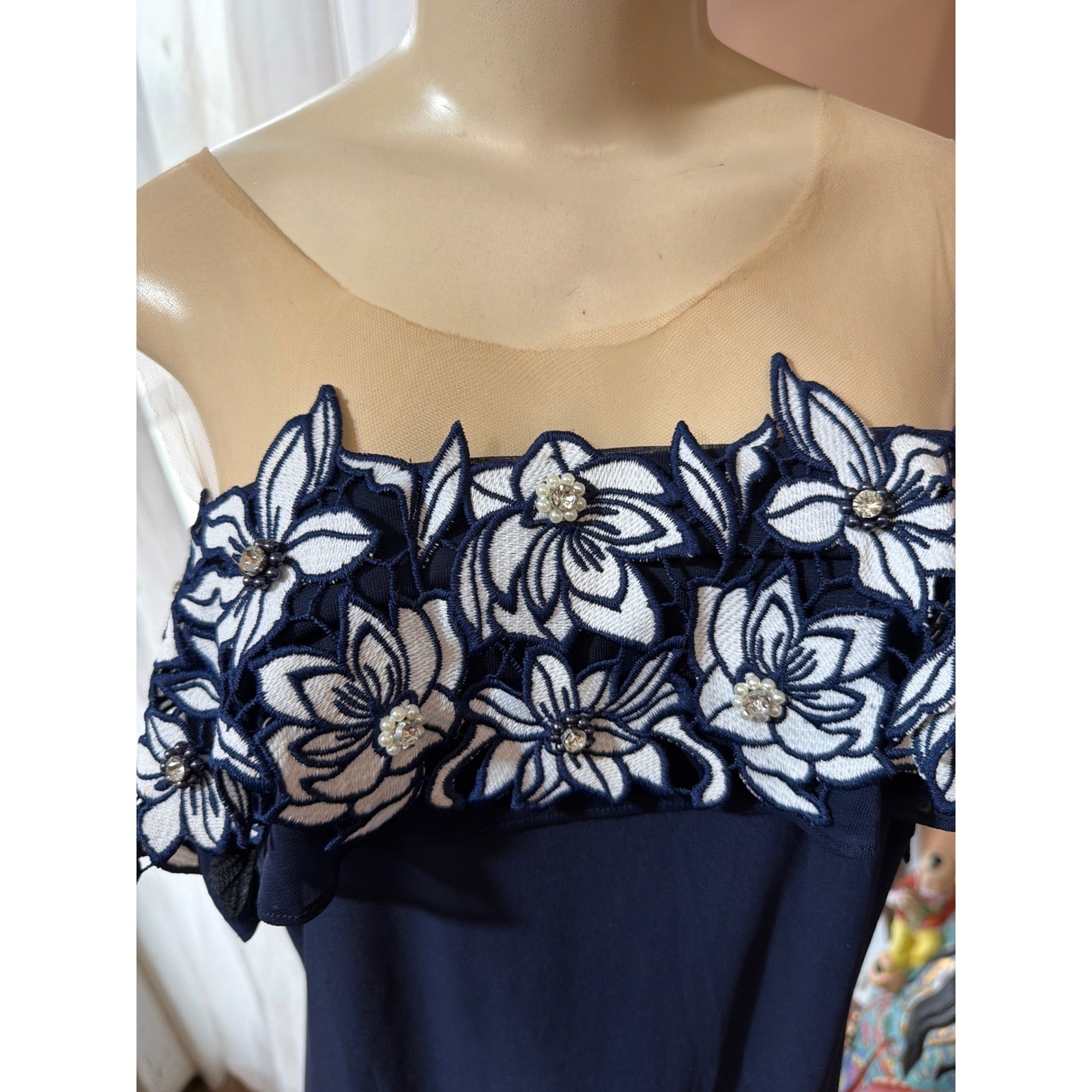 MSK Navy Blue Floral Lace Rhinestone Illusion Neck Cold Shoulder Dress Large