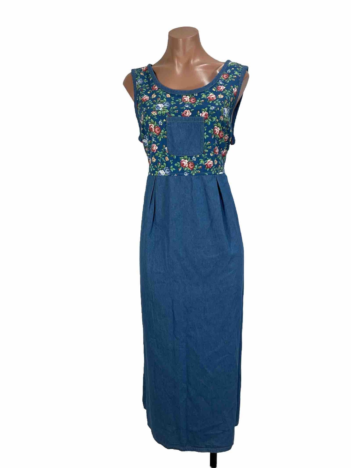 Koret City Blues Denim Jean Jumper Midi Dress Size 12 USA Floral Cottagecore