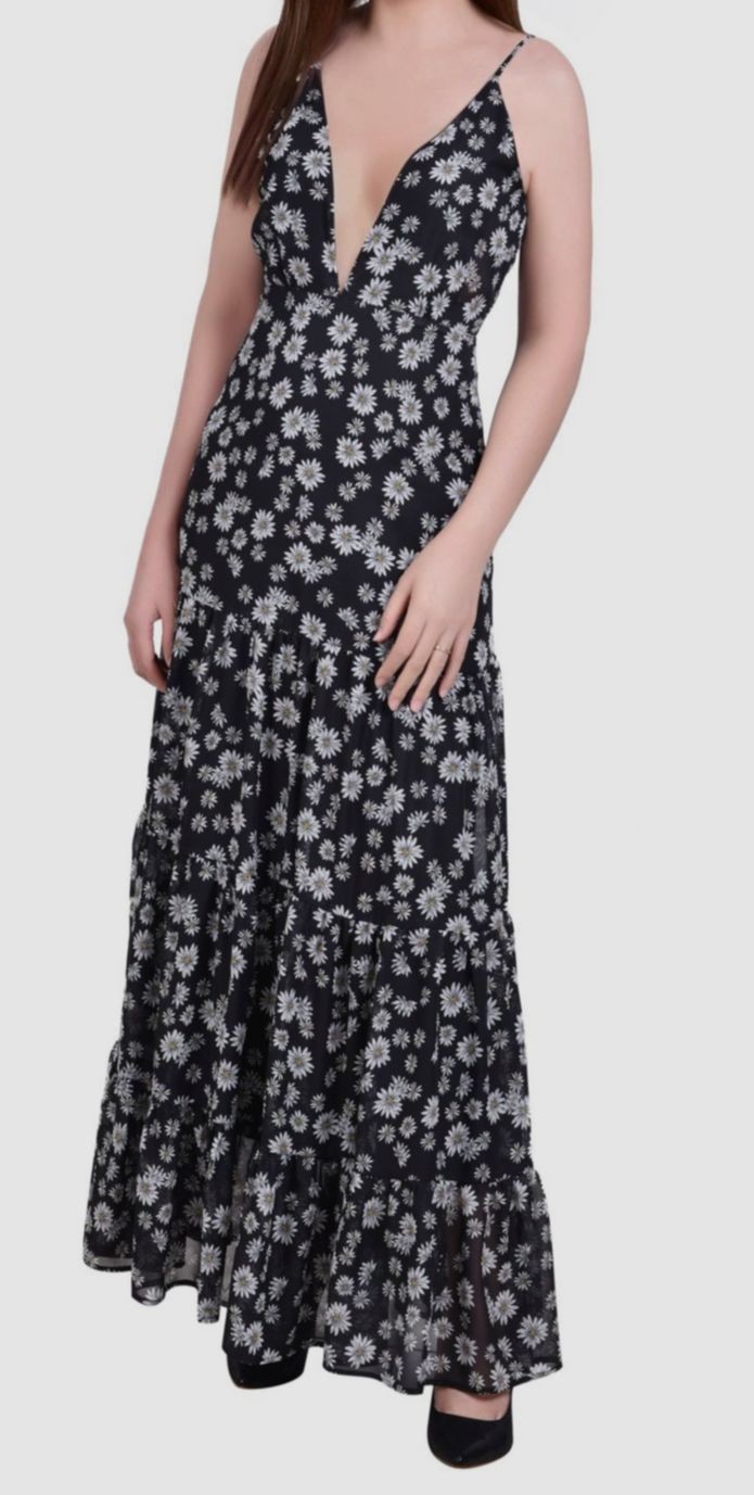 NY Collection Women’s Black Tiered Spaghetti V-Neck Strap Maxi Dress Size S