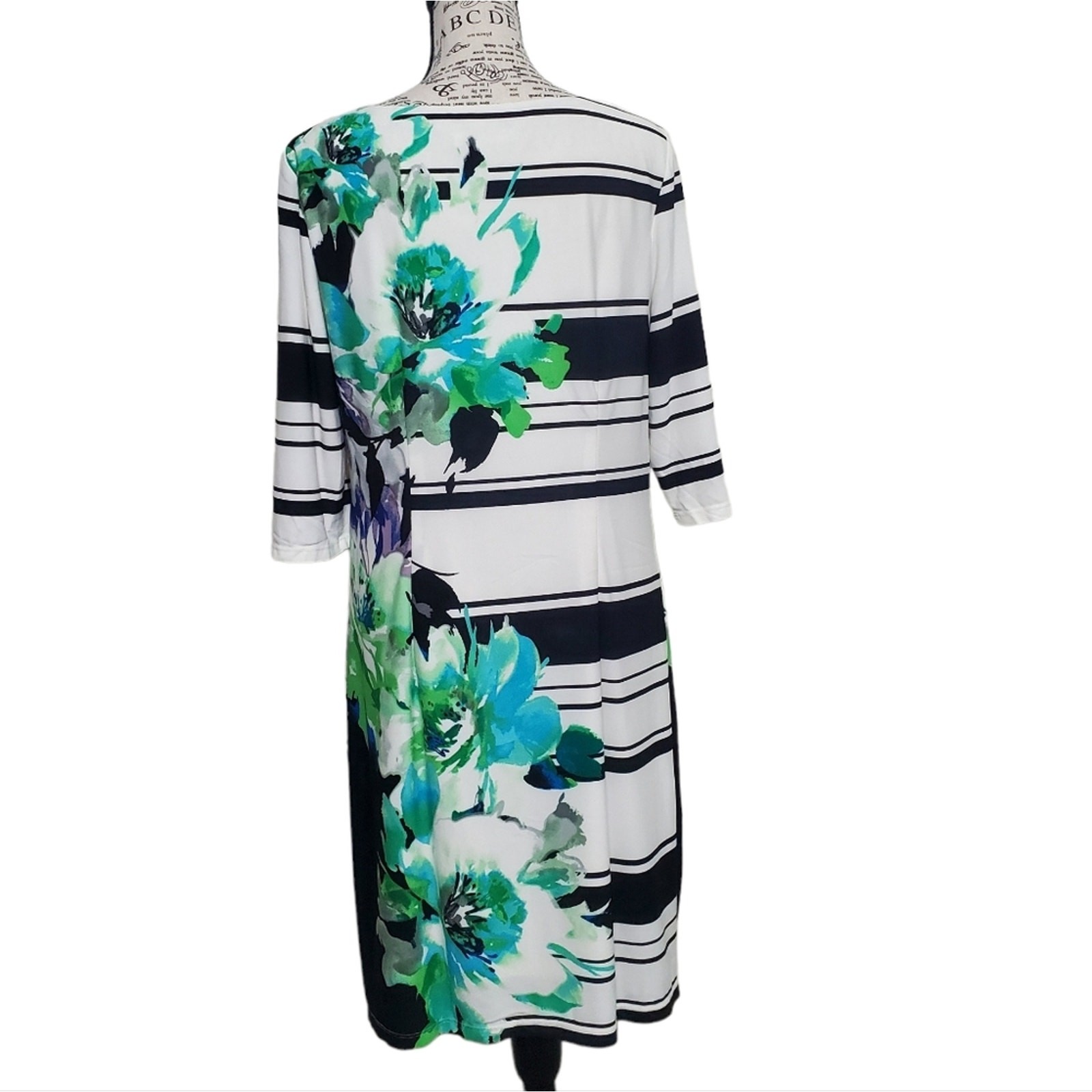 Studio One New York Cream & Black Striped Green Floral Print Midi Dress Medium