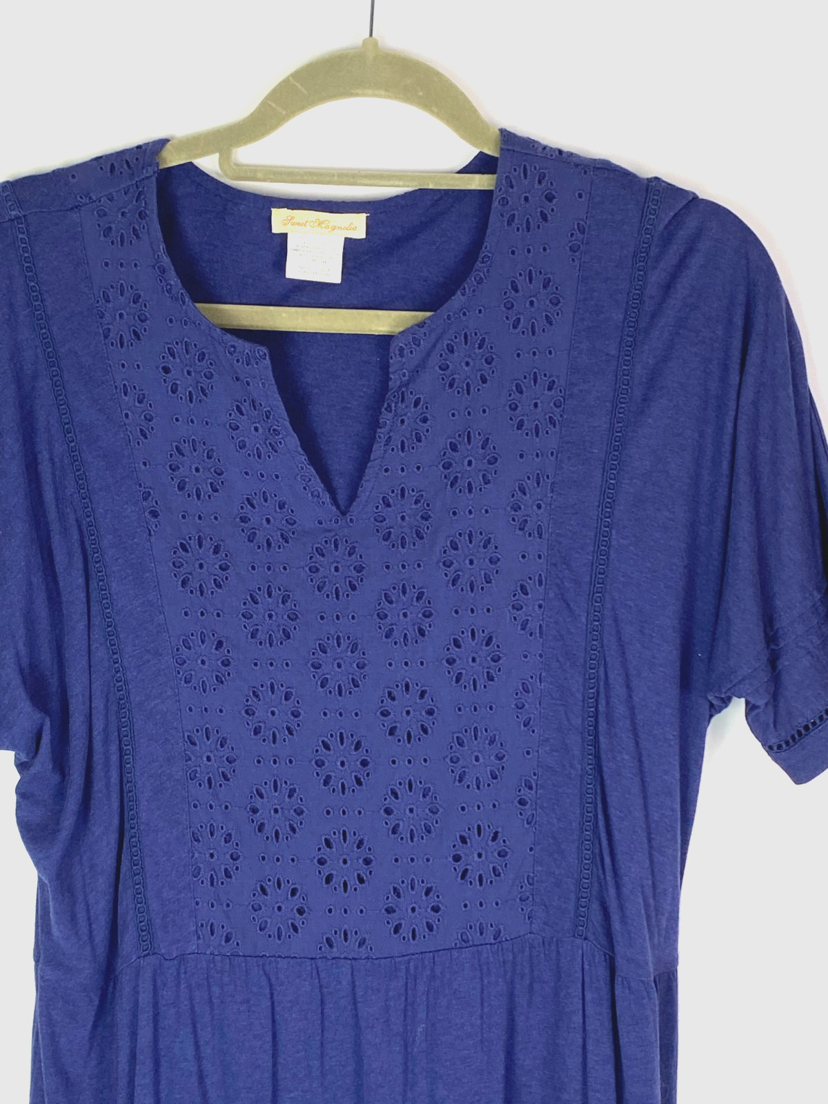 Sweet Magnolia Nave Blue Eyelet Embroidered Shirt Dress Sz M Prairie Twee Boho