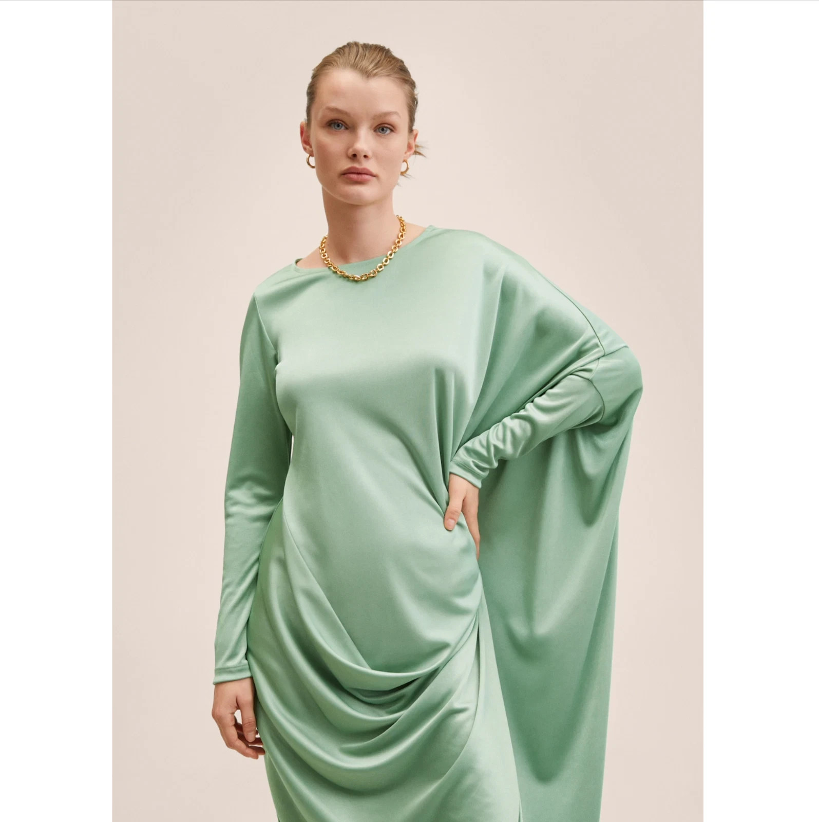 Mango Mint Green Asymmetric Draped Maxi Dress Sz8 Long Sleeve Ramadan Collection