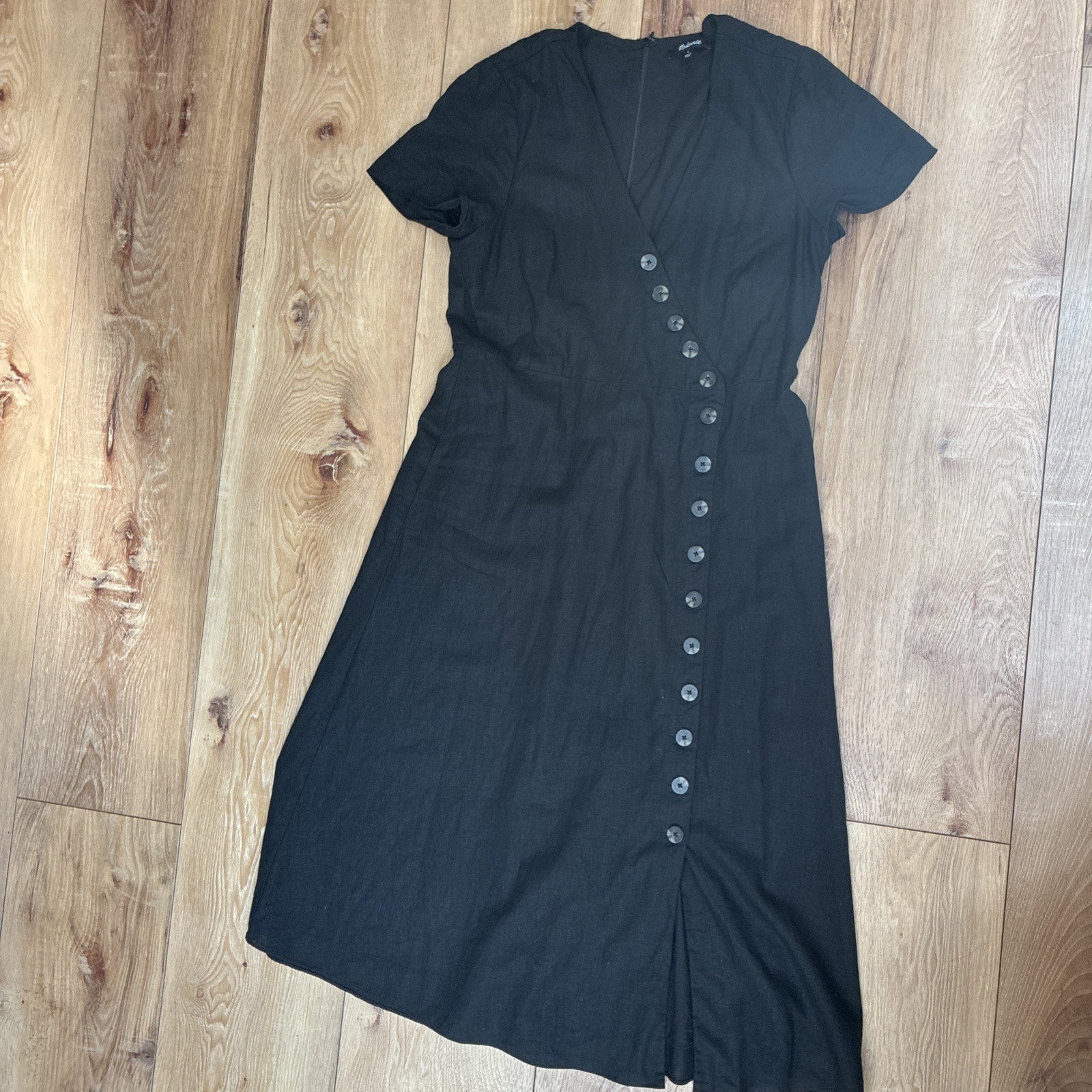 Madewell Linen Blend Button-Wrap Midi Dress, Black, size 8