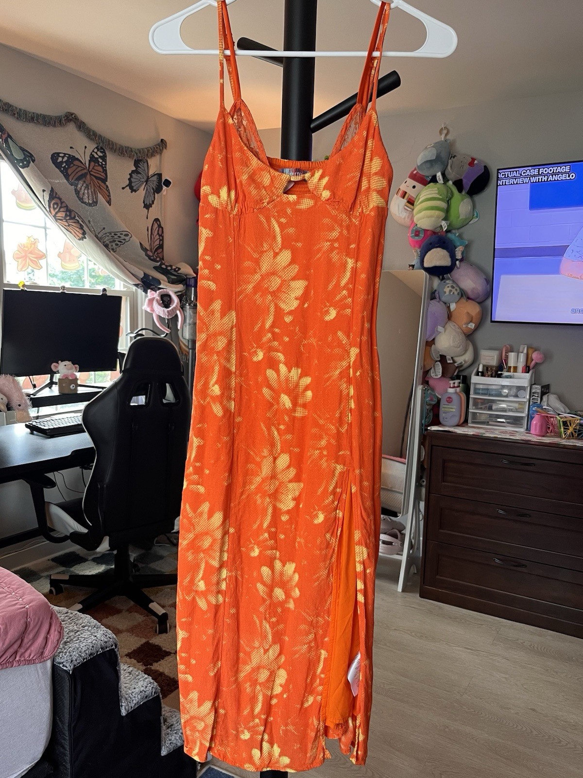 Urban Outfitters Orange Floral Slit Tropical Fairycore Summer Midi Dress
