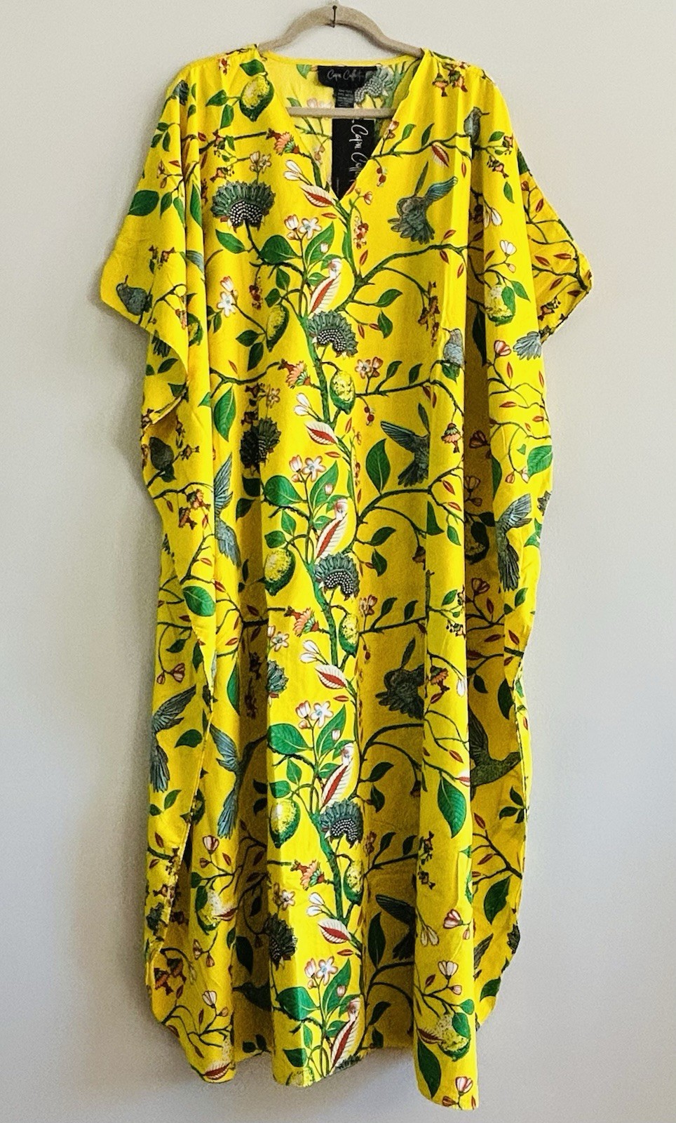XL/1X/2X/3X New Yellow Lemons Birds Floral Print Maxi Kaftan Beach Cover Dress