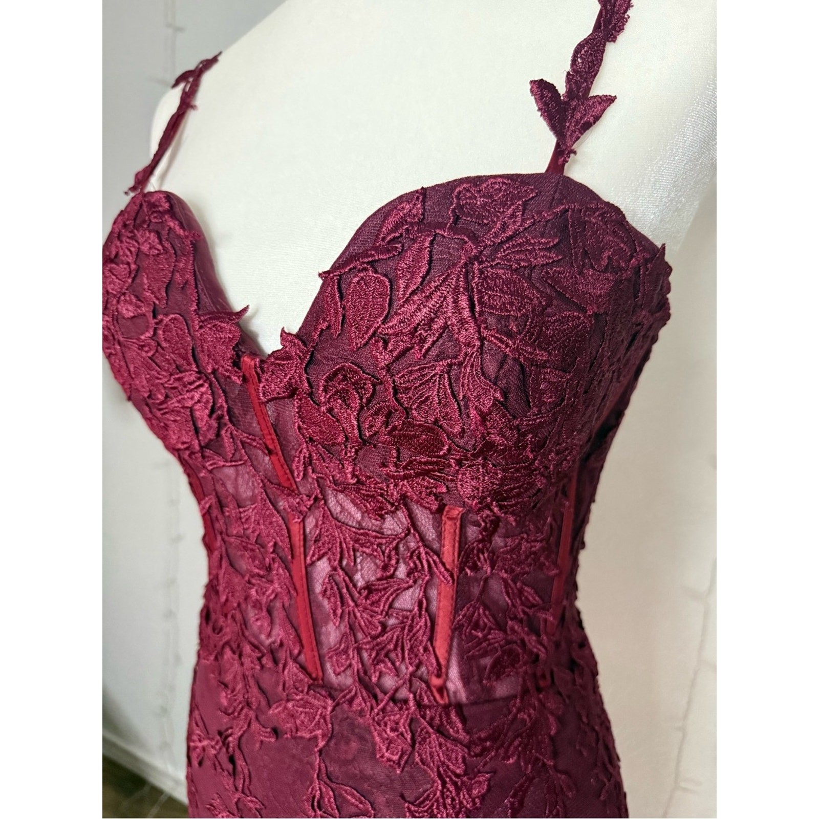Burgundy Floral Lace Corset Dress