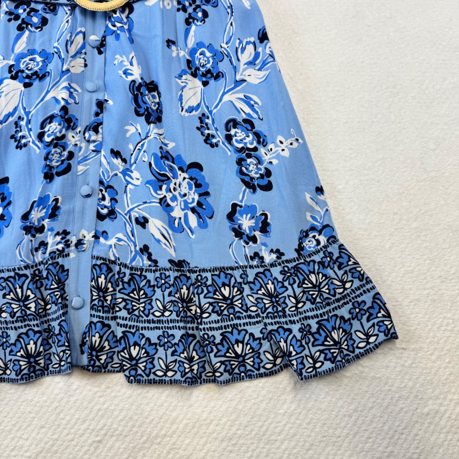 STS Blue Floral Midi Dress Button Front Flutter Sleeve Wood Buckle Belt XL