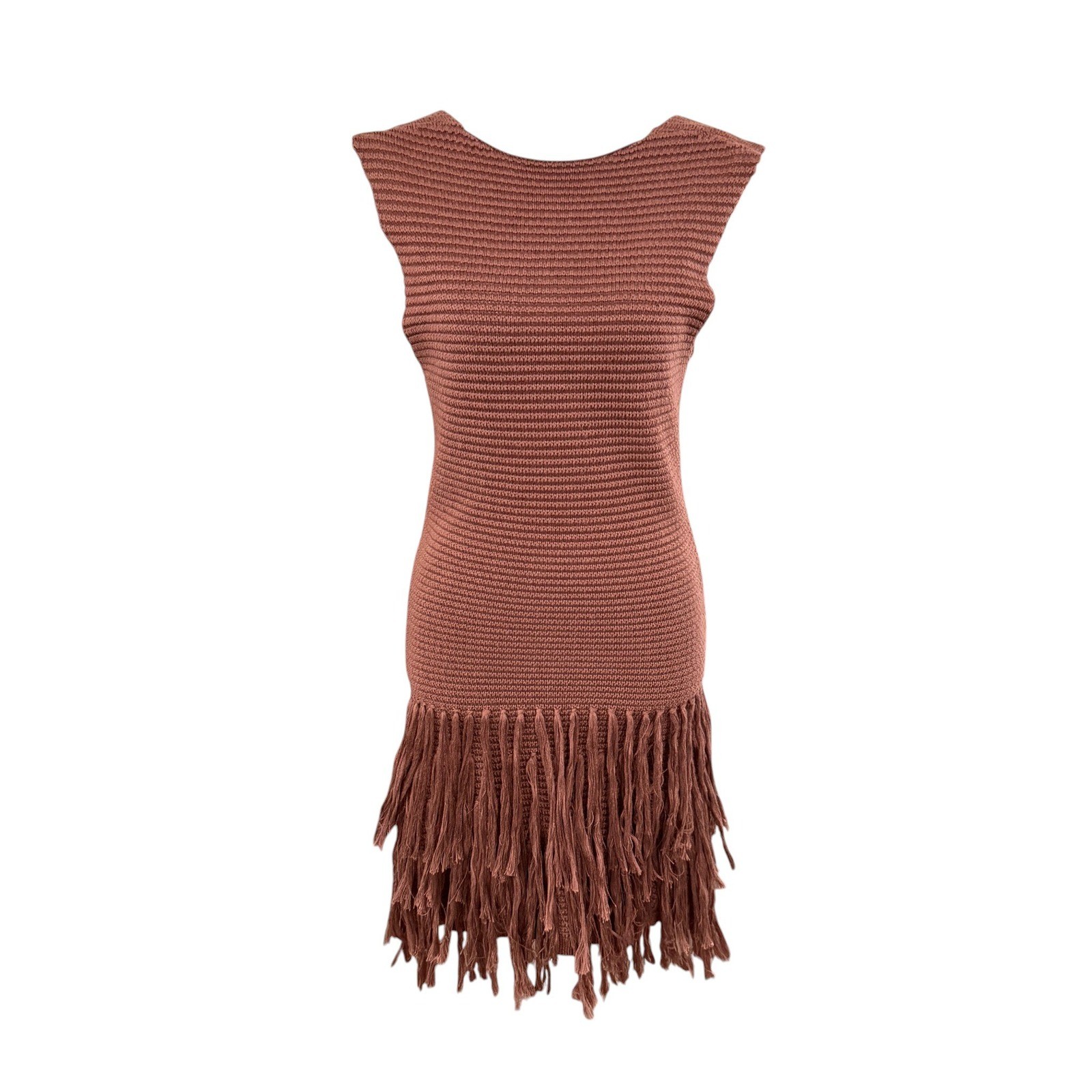 Musera Open Back Fringe Knit Mini Dress XS Brown Boho Western Festival Cowgirl