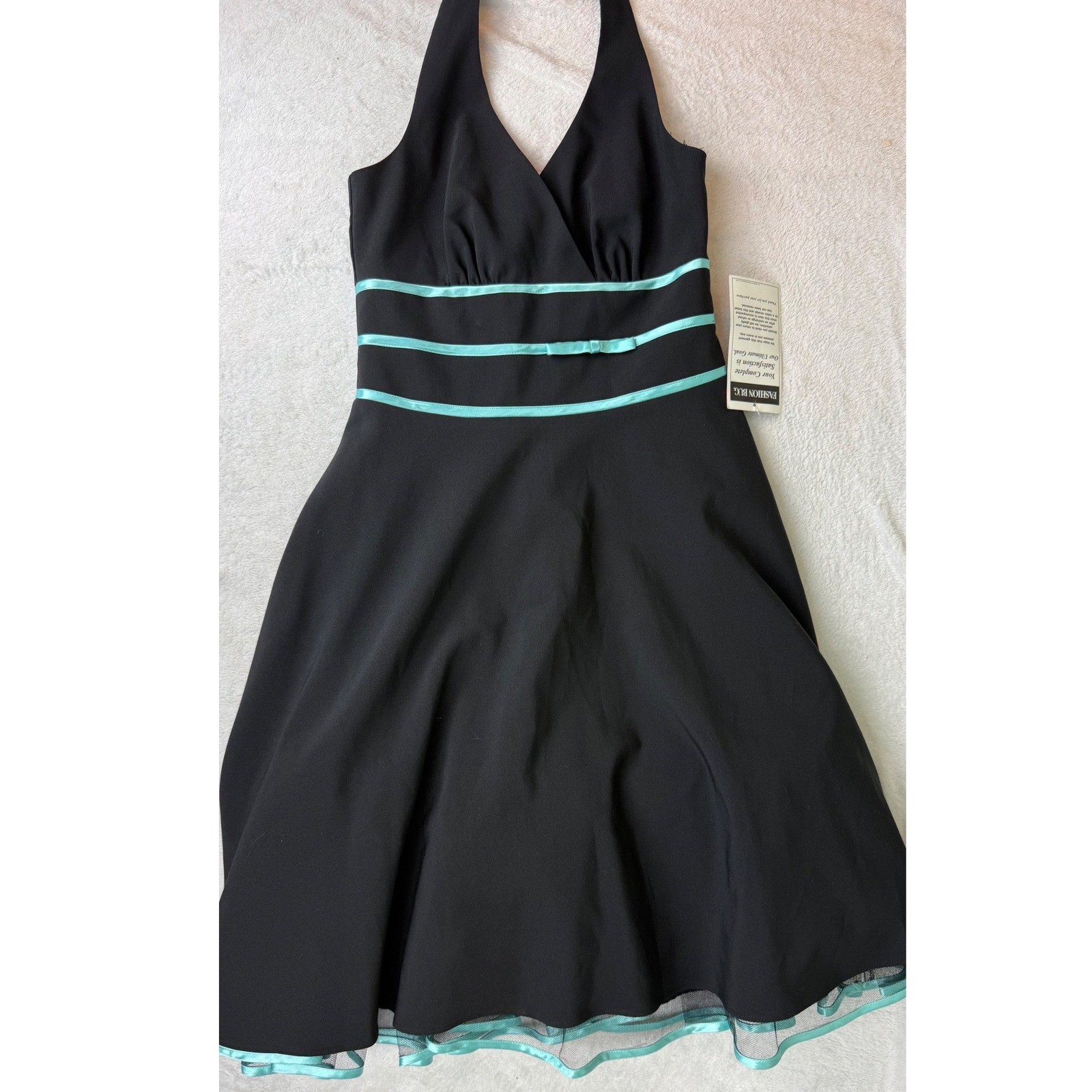 Studio 1940 Fashion Bug Black Halter Dress Teal Trim Rockabilly Vintage Y2K Sz 8