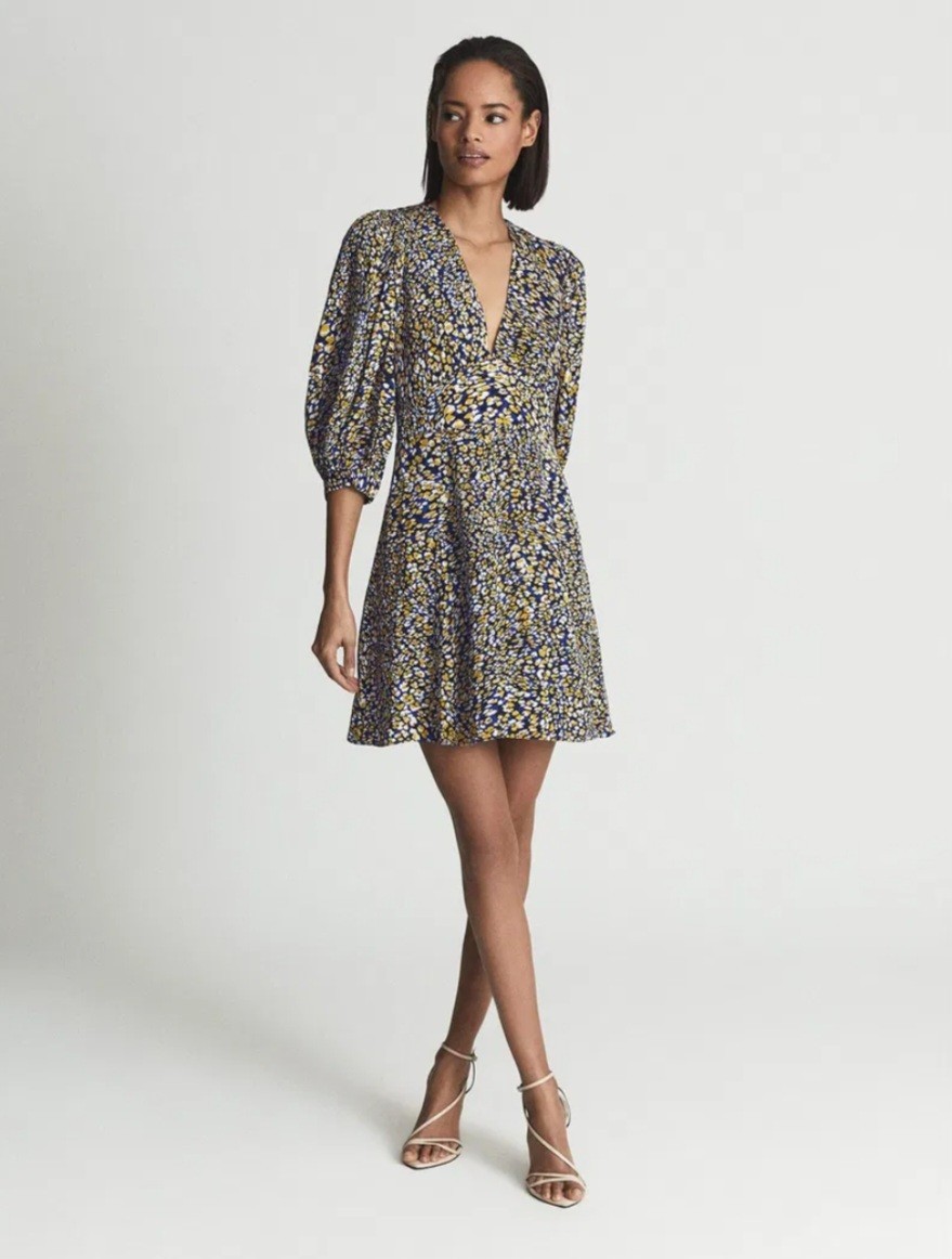 Reiss Daisy Puff Sleeve Print Mini Dress, Blue/Yellow – Size 16