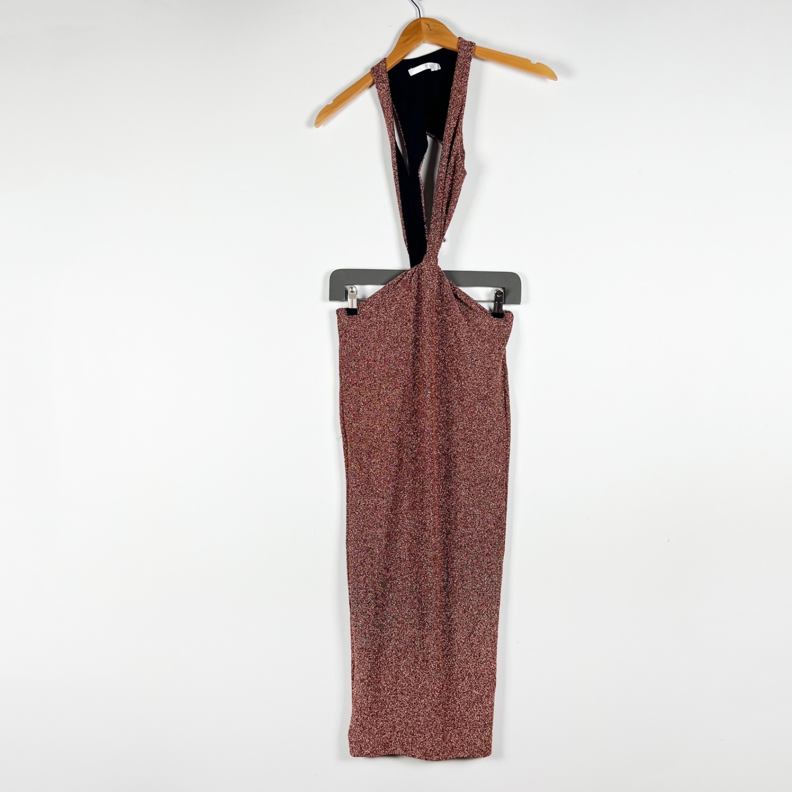 Natalie Rolt Nadia Metallic Bronze Sparkle Cut Out Stretch Bodycon Midi Dress 0