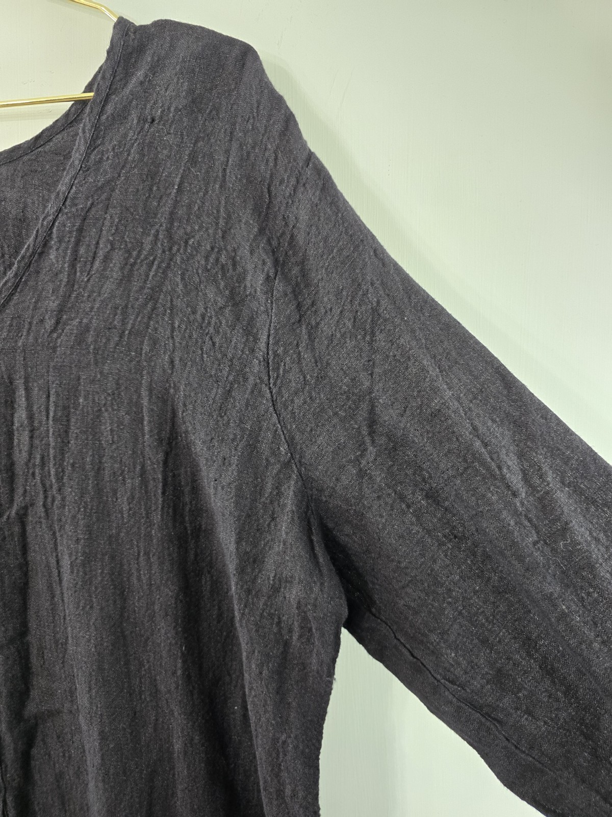 Flax Linen Long Sleeve Button Front V Neck Midi Lagenlook Dress Solid Black Sz L