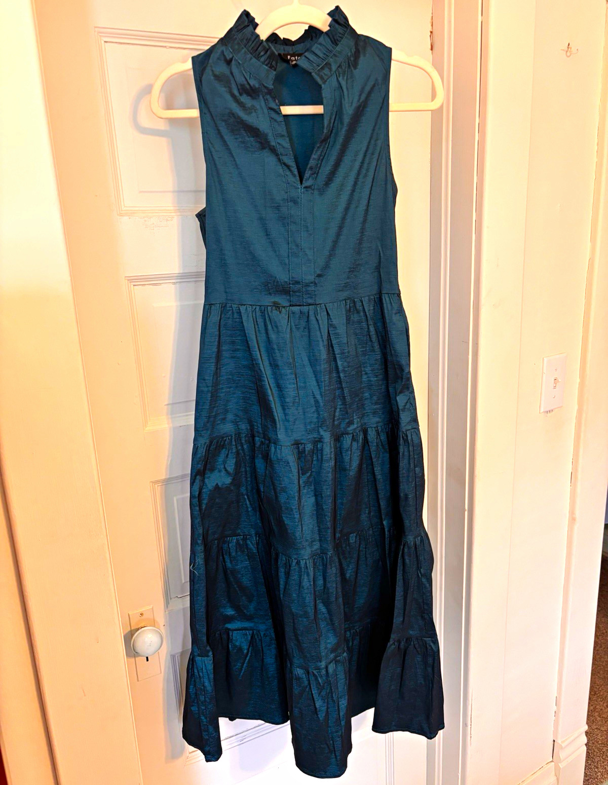 Fate Women’s S Teal V-Neck Sleeveless Tiered Ruffle A-Line Midi Dress