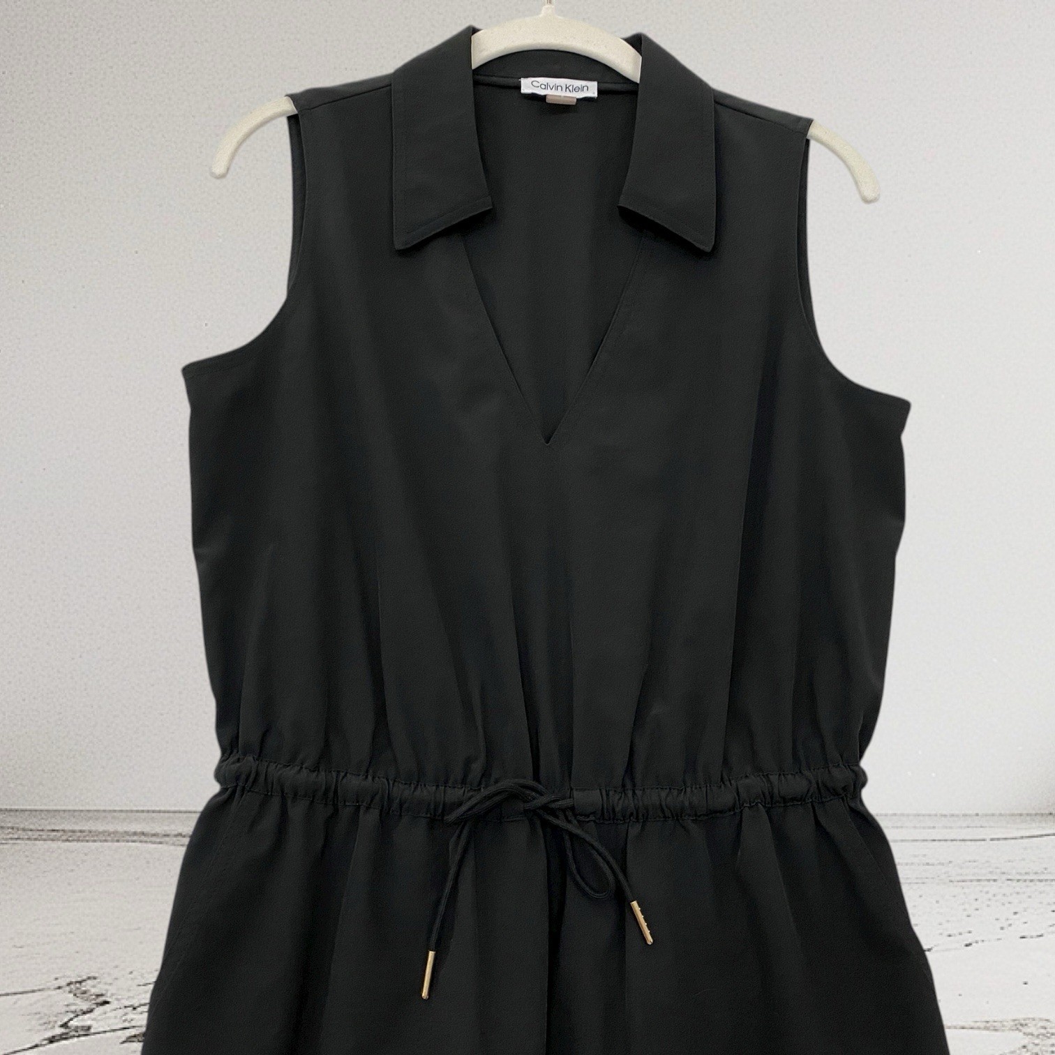 Calvin Klein Drawstring Waist Collard Sleeveless Sheath Dress Size 8 Stretch