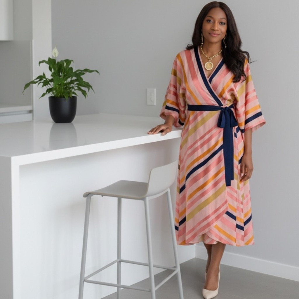 Trina Turk Peach Multicolor Striped Wrap Dress 16