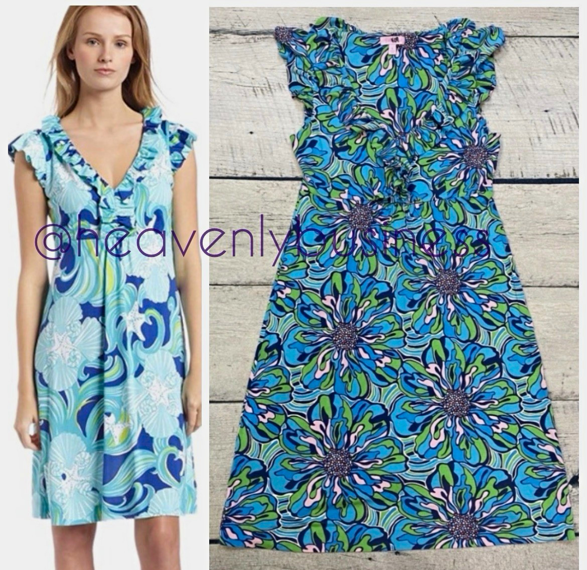 Lilly Pulitzer Blue/Green Floral Ruffle Shift Dress V-Neck Cap Sleeve S