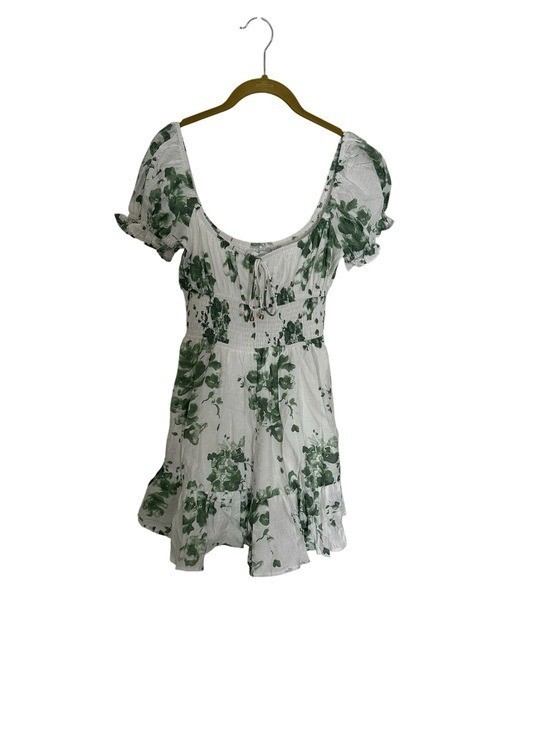 Saints and Secrets Scoop Neck Floral Mini Dress in White and Green XS