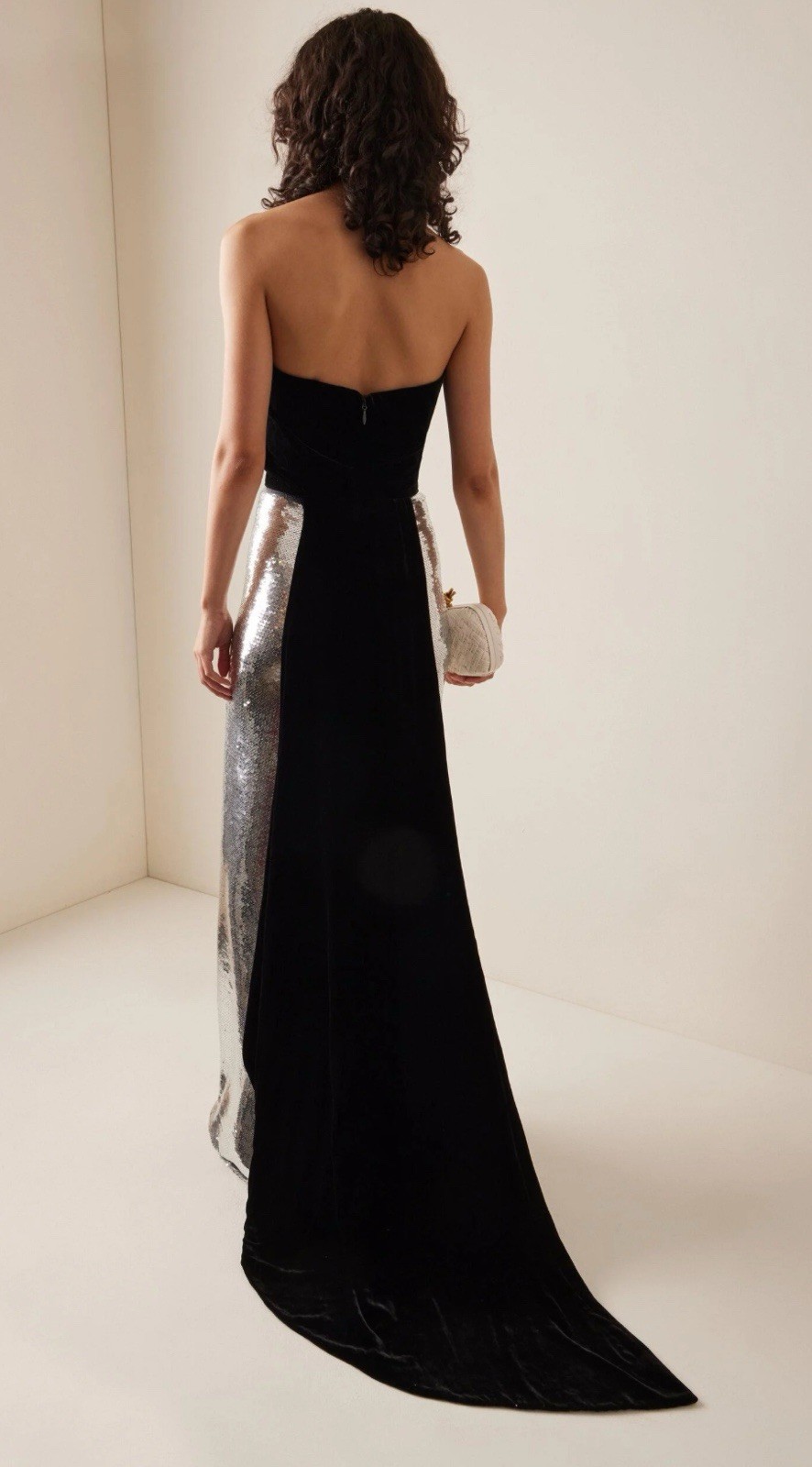 Monique Lhuillier Strapless Sequin Silver & Black Velvet Gown Worn Once Size 4