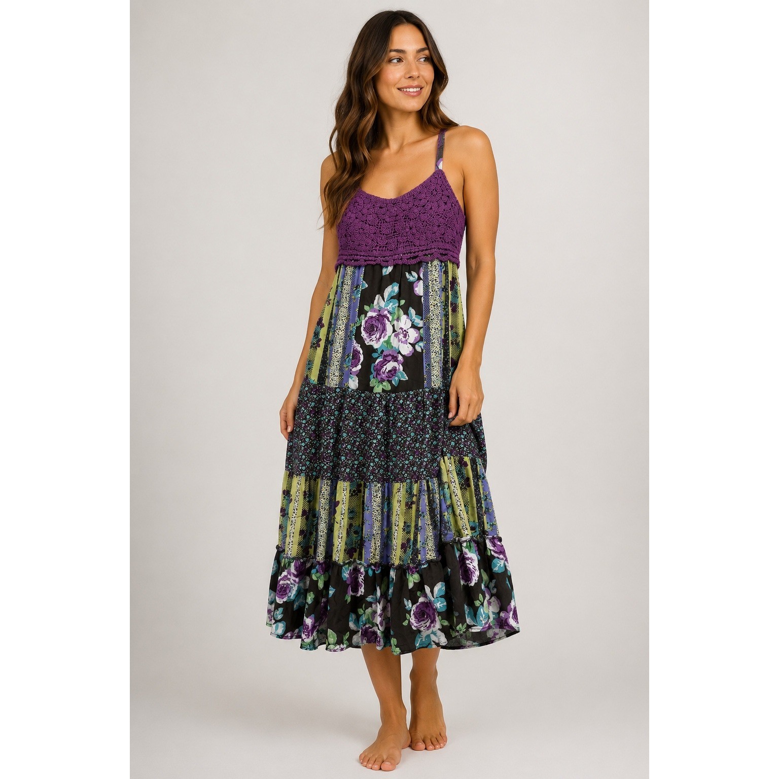 Mossimo Supply Co Sundress Women Large Purple Floral Crochet Patchwork Midi Boho