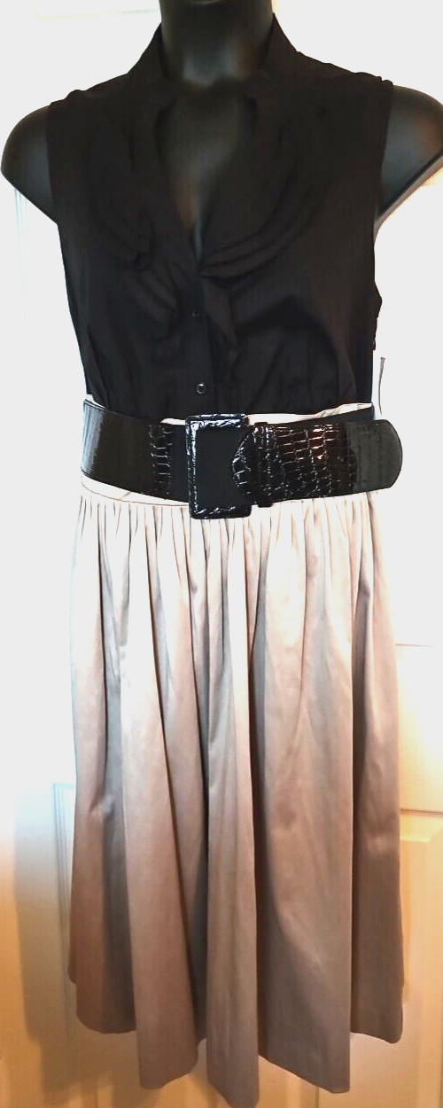 Willow Glenn NY Size 16W Brown Black Cotton Sleeveless Midi Dress Pleats Ruffles