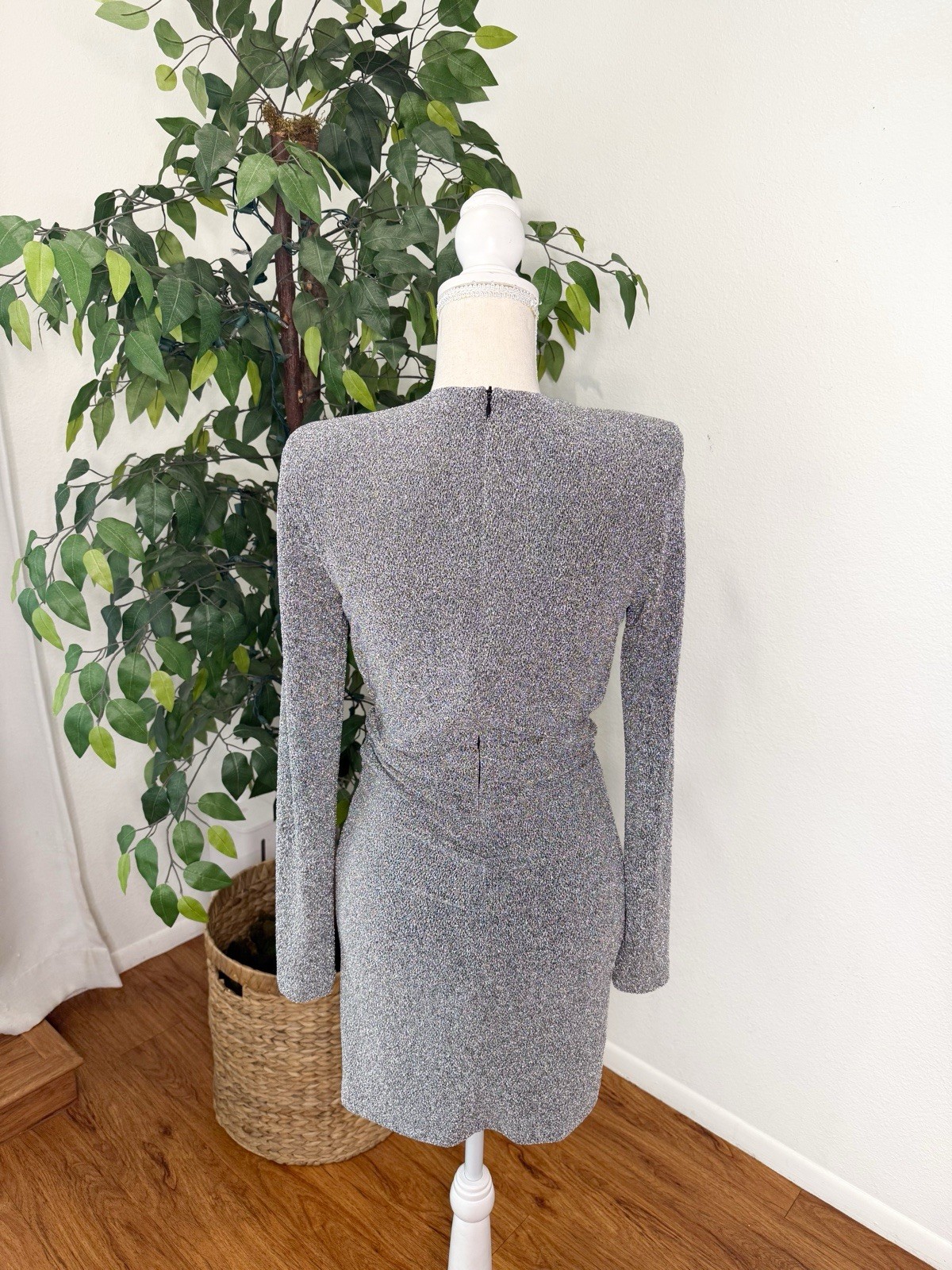 ZARA Silver Metallic V-Neck Bodycon Mini Dress Size S