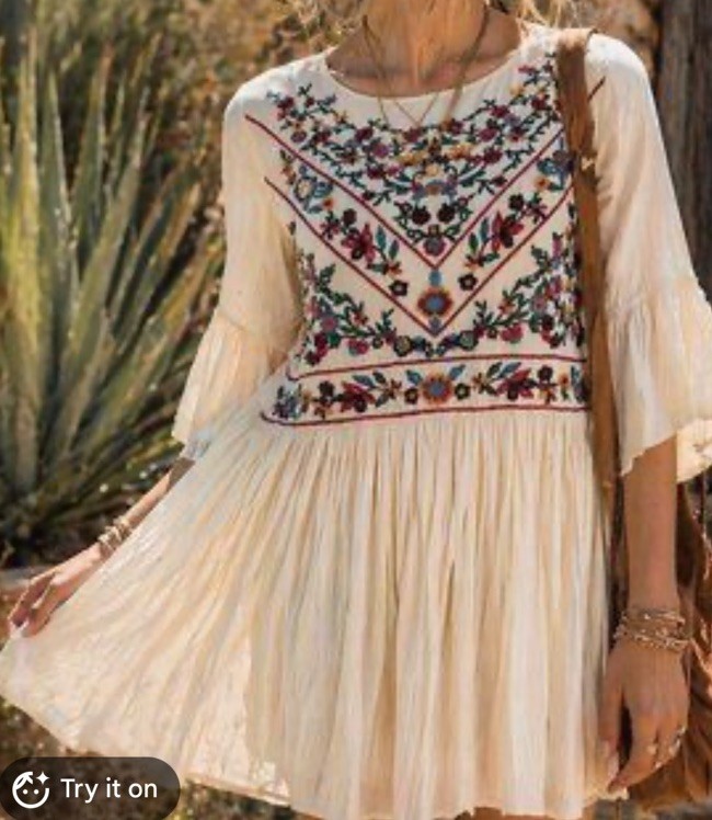 Umgee USA Embroidered Boho Babydoll Dress NWT 1 XL Cream Floral Bell Sleeve