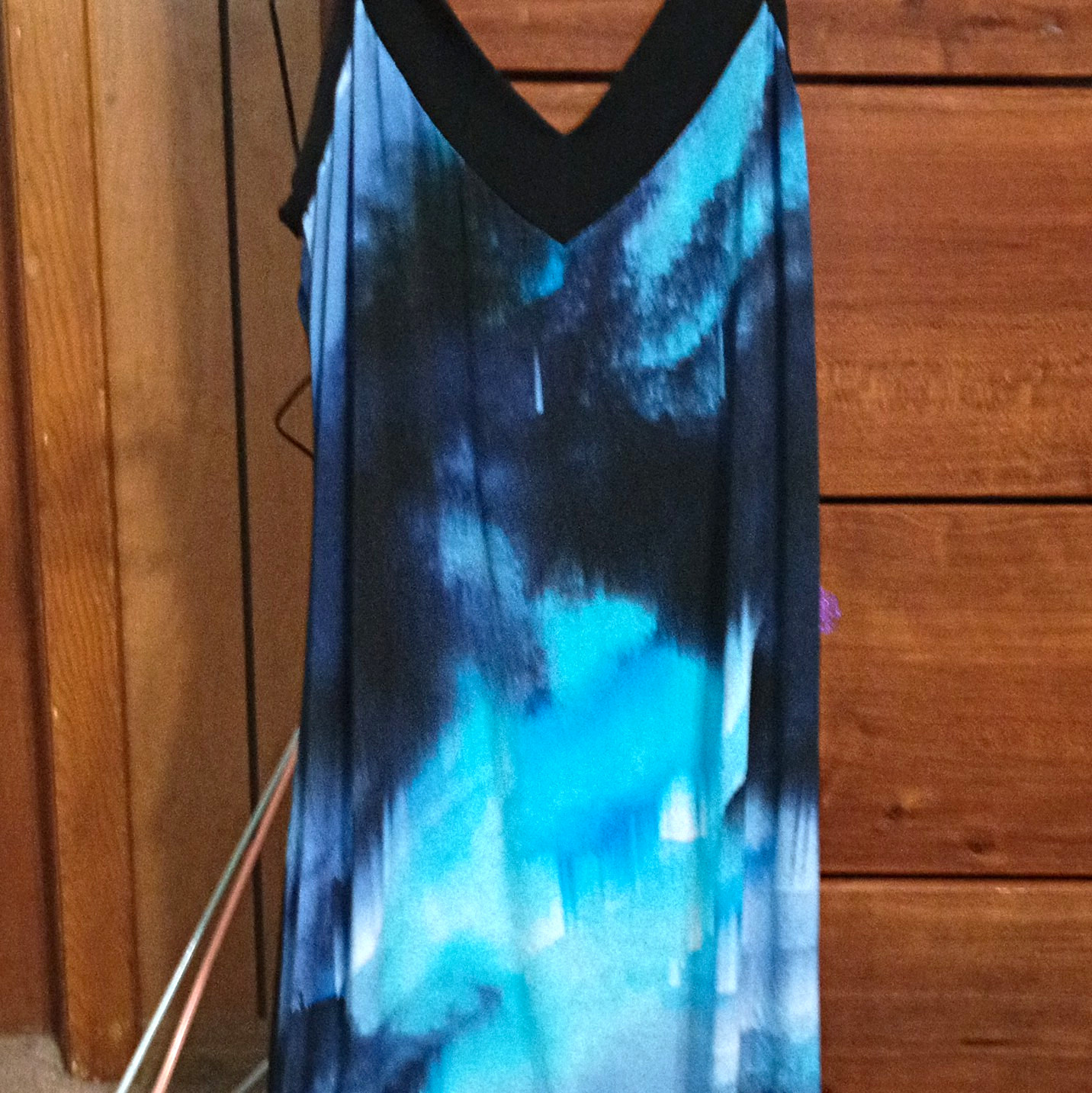 Women’s Abstract Print Maxi Dress M, Sleeveless V-Neck Long, Blue Black