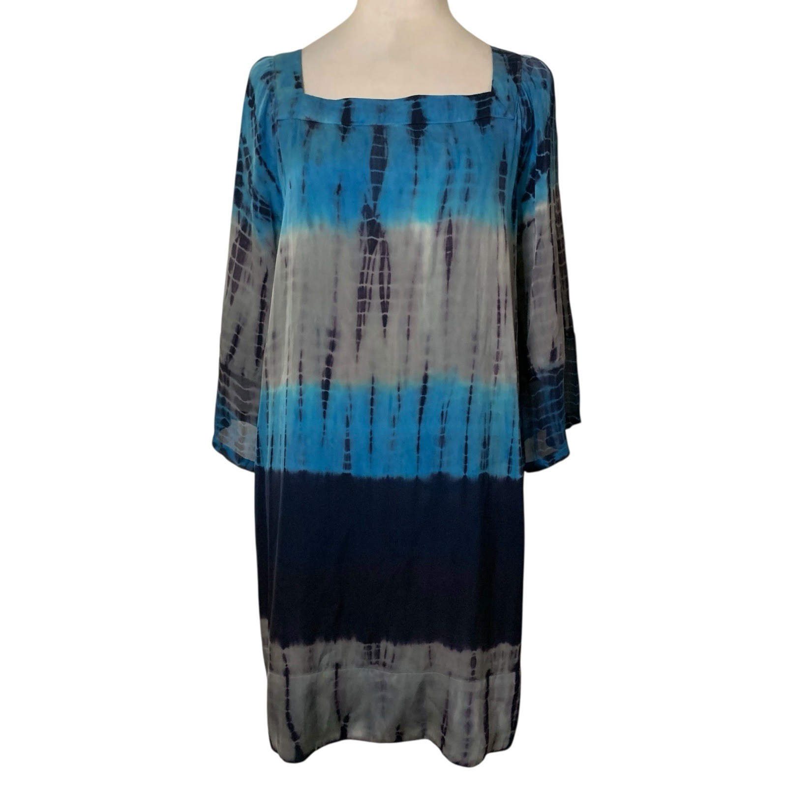 Gypsy 05 Blue Gray Tie Dye Silk Blend Women’s Large Square Neckline Dress
