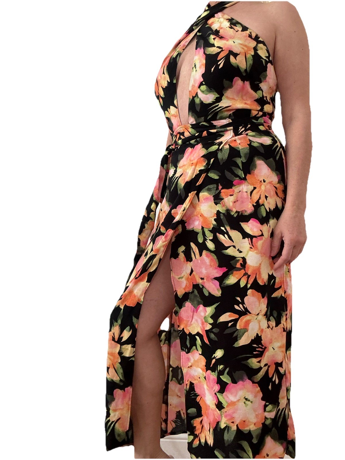 H&M Black Floral Halter Wrap Midi Dress Women S Orange Pink Viscose NWOT