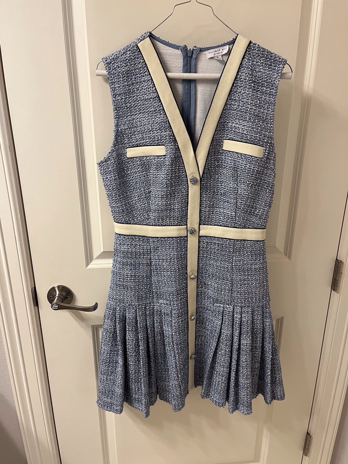 Current Air Women’s Blue/Cream Tweed V-Neck Fit & Flare Dress Zip Pockets M
