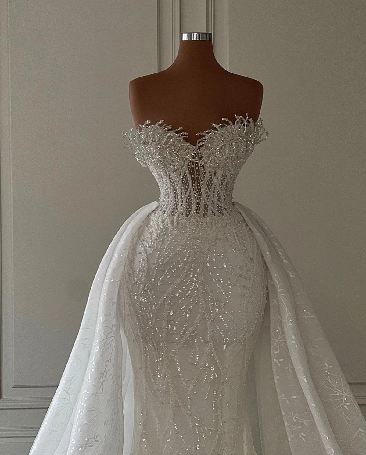 Beaded Mermaid Wedding Dress Detachable Overskirt Sparkly Bridal Gown Train