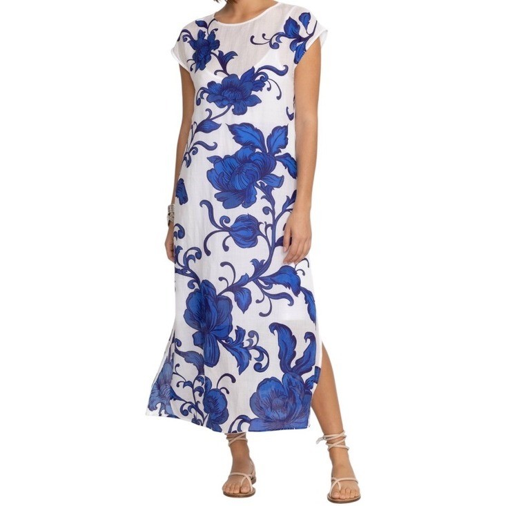 Johnny Was Workshop Blue Floral Ramie Maxi Dress Boho Resort Size M EUC