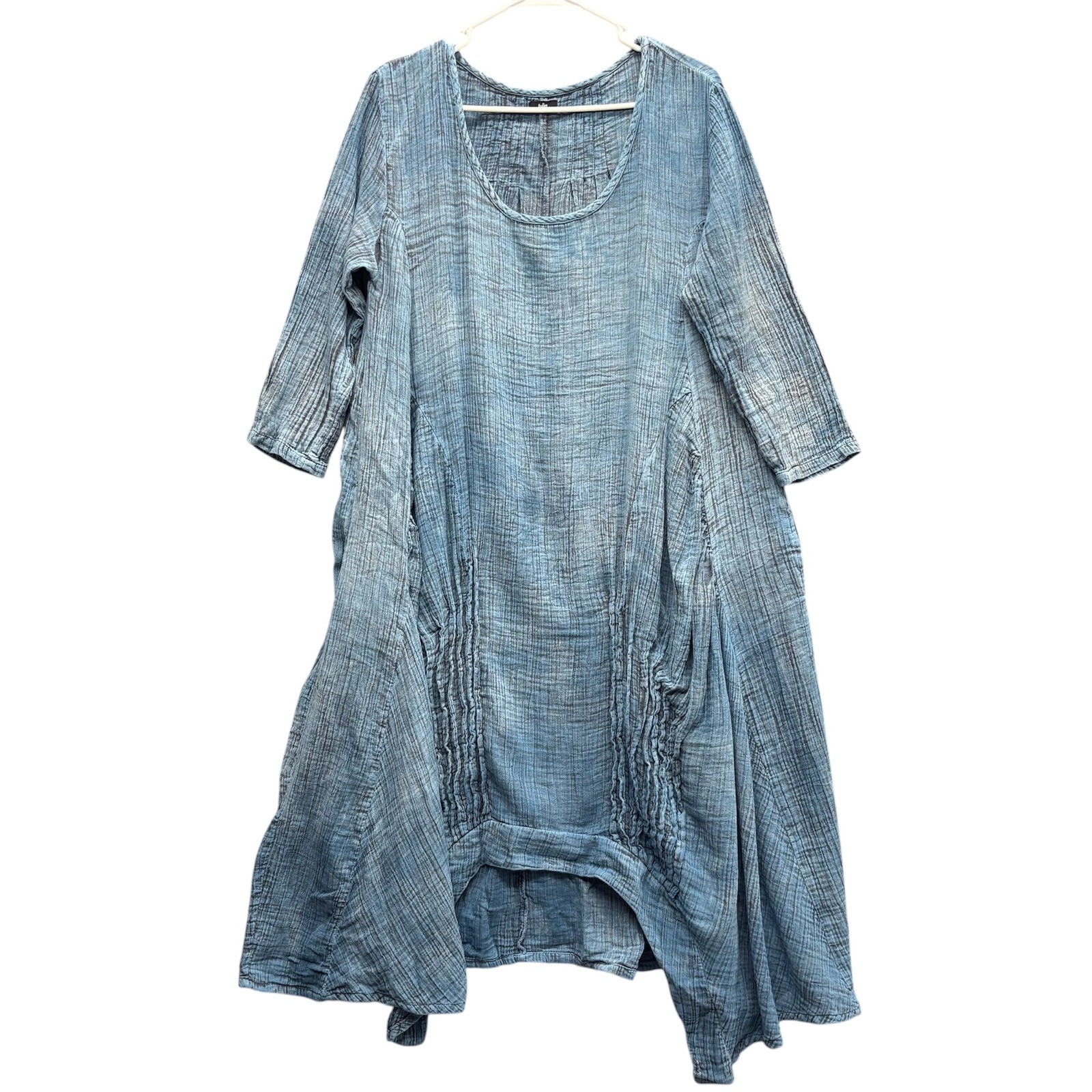 Tulip Blue Cotton Crinkle Gauze Lagenlook Pockets Oversized Asymmetric Dress S